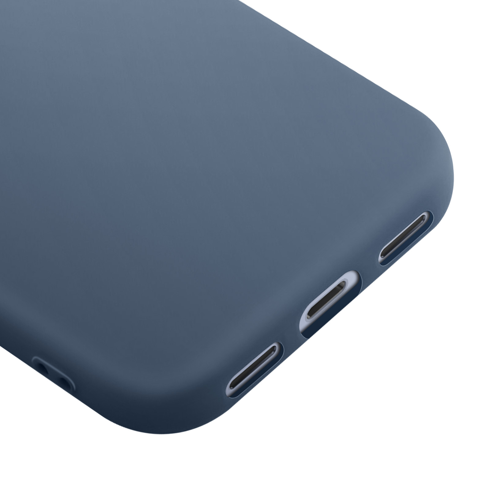 Close-up van een blauwe telefoonhoes met uitsparingen voor knoppen en poorten, op een witte achtergrond.