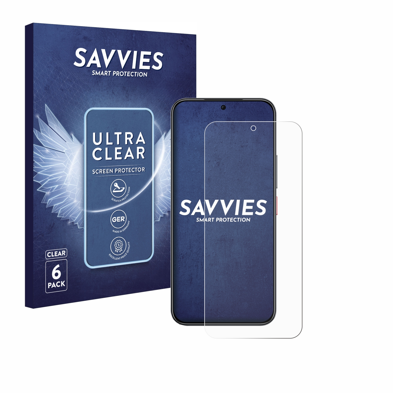 Ein Telefon mit Displayschutzfolie neben einer Box. Beide zeigen die Marke 'SAVVIES'. Auf der Box steht 'Ultra Clear' und 'Screen Protector'.