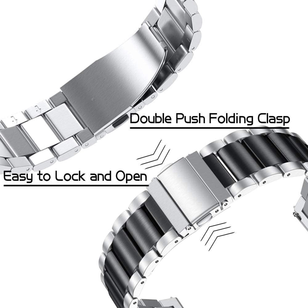 Nahaufnahme eines Uhrenarmbands mit der Aufschrift 'Double Push Folding Clasp' und 'Easy to Lock and Open'.