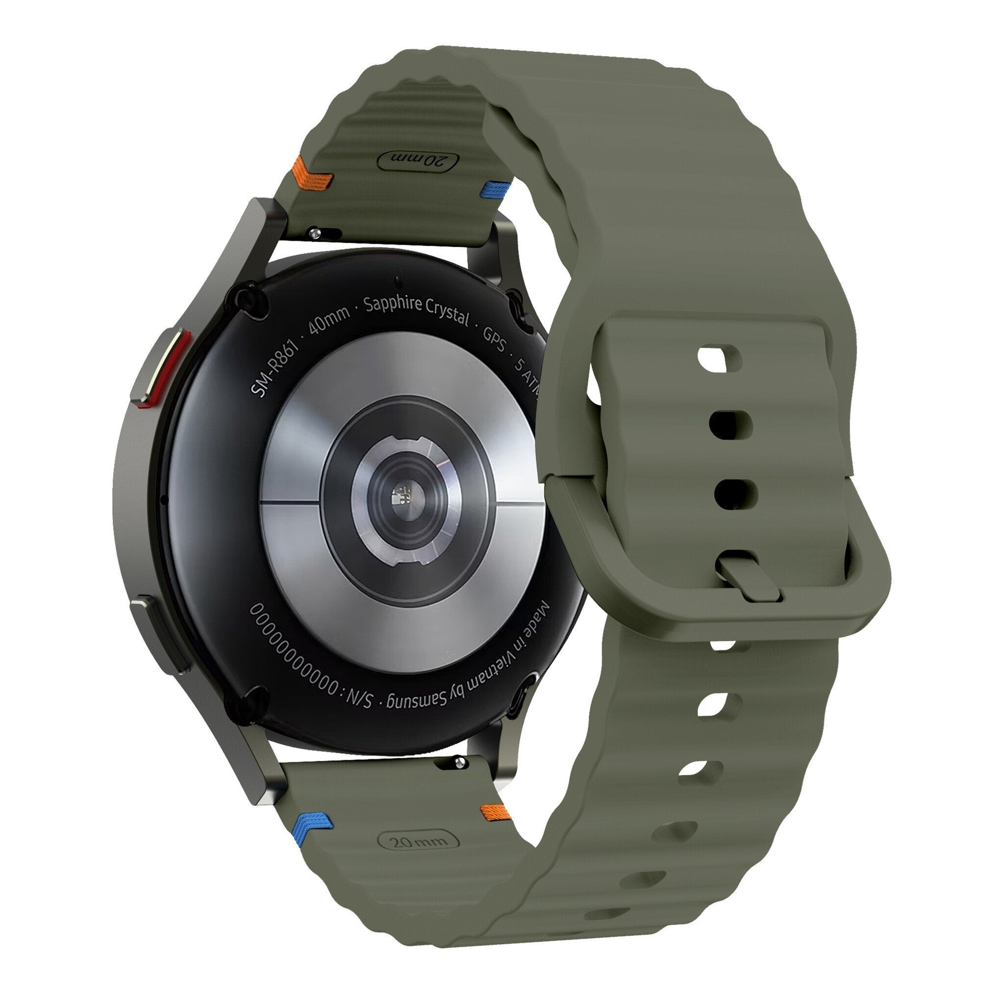Eine silberne Smartwatch mit grünem Armband. Das Zifferblatt ist schwarz. Das Armband hat orange und blaue Akzente.