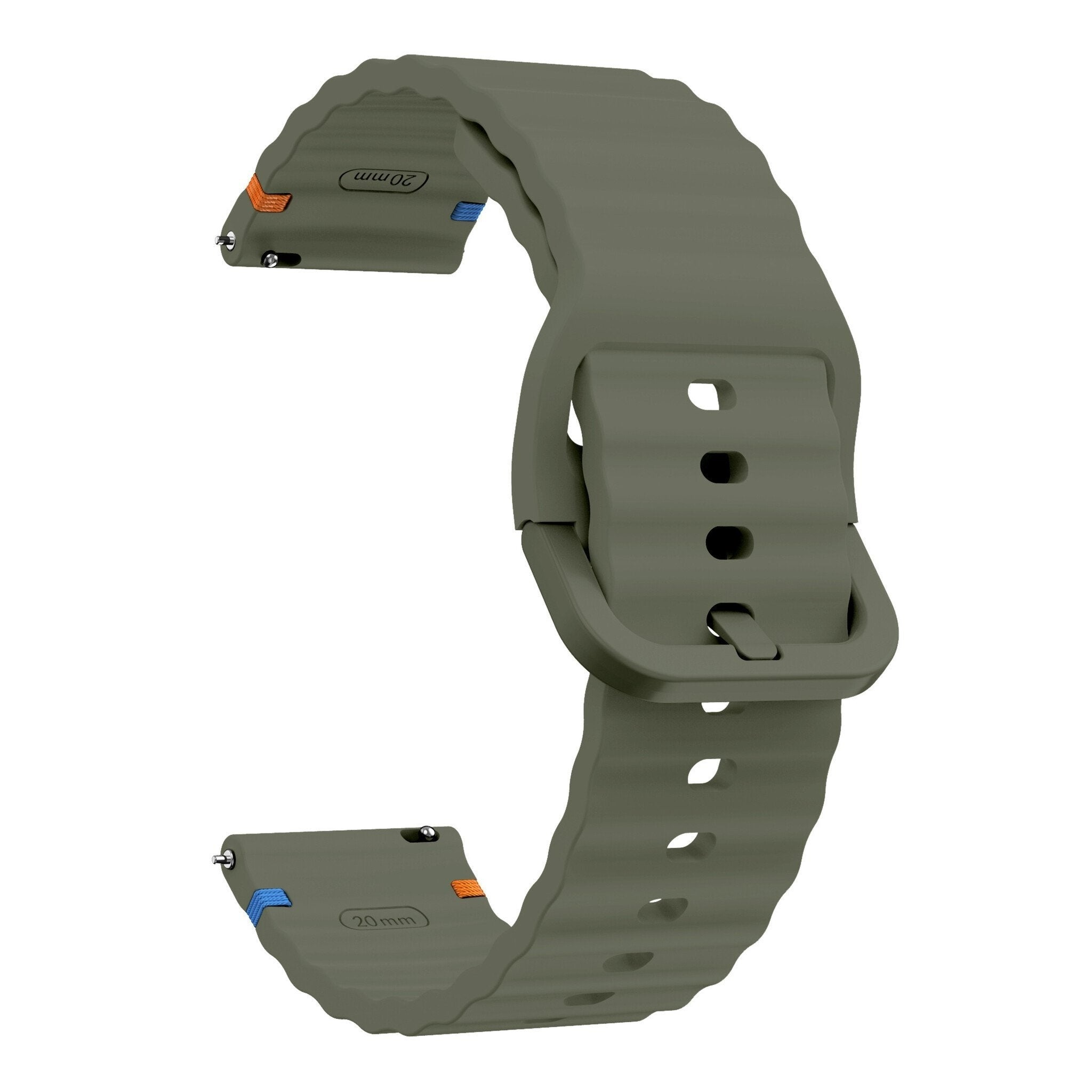 Ein grünes Uhrenarmband mit Schnalle. Es hat eine geriffelte Textur und 20 mm Breitenmarkierungen. Die Enden haben Metallstifte.
