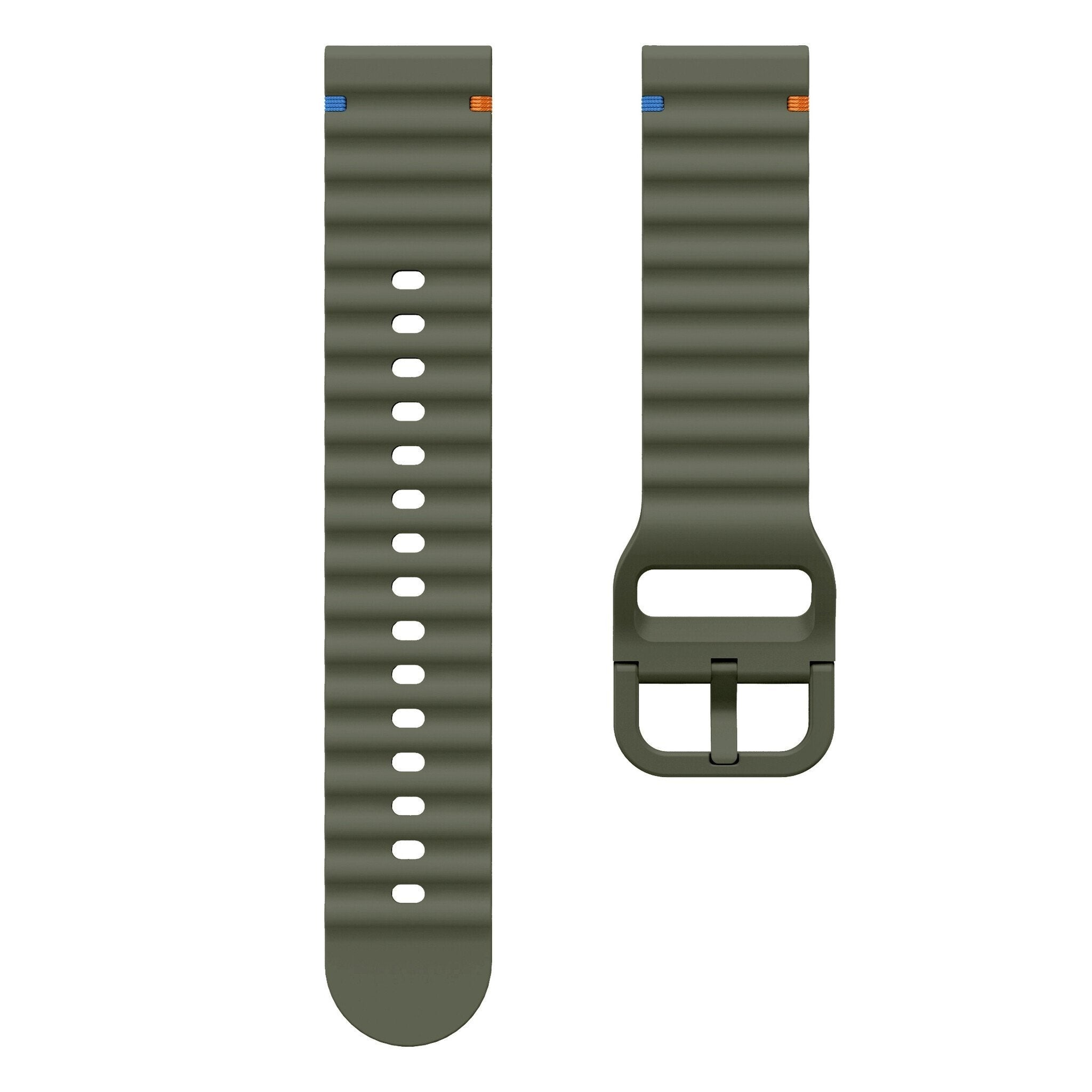 Olivgrüne Uhrenarmbandabschnitte auf Weiß. Ein Abschnitt hat Löcher, der andere eine Schnalle. Blaue und orangefarbene Akzente.