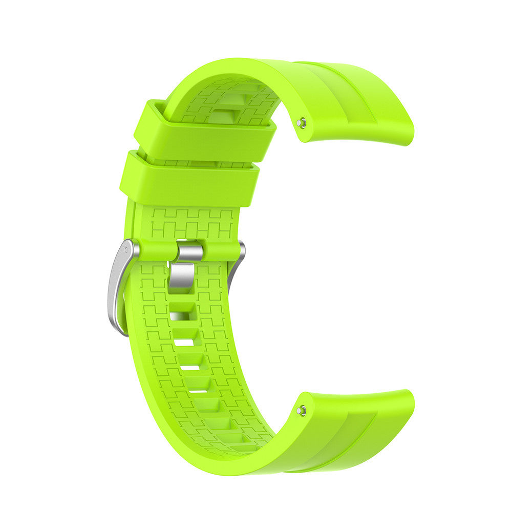 Ein limettengrünes Uhrenarmband auf weißem Hintergrund. Das Armband hat eine Schnalle und Löcher zur Anpassung. Das Armband ist gebogen.