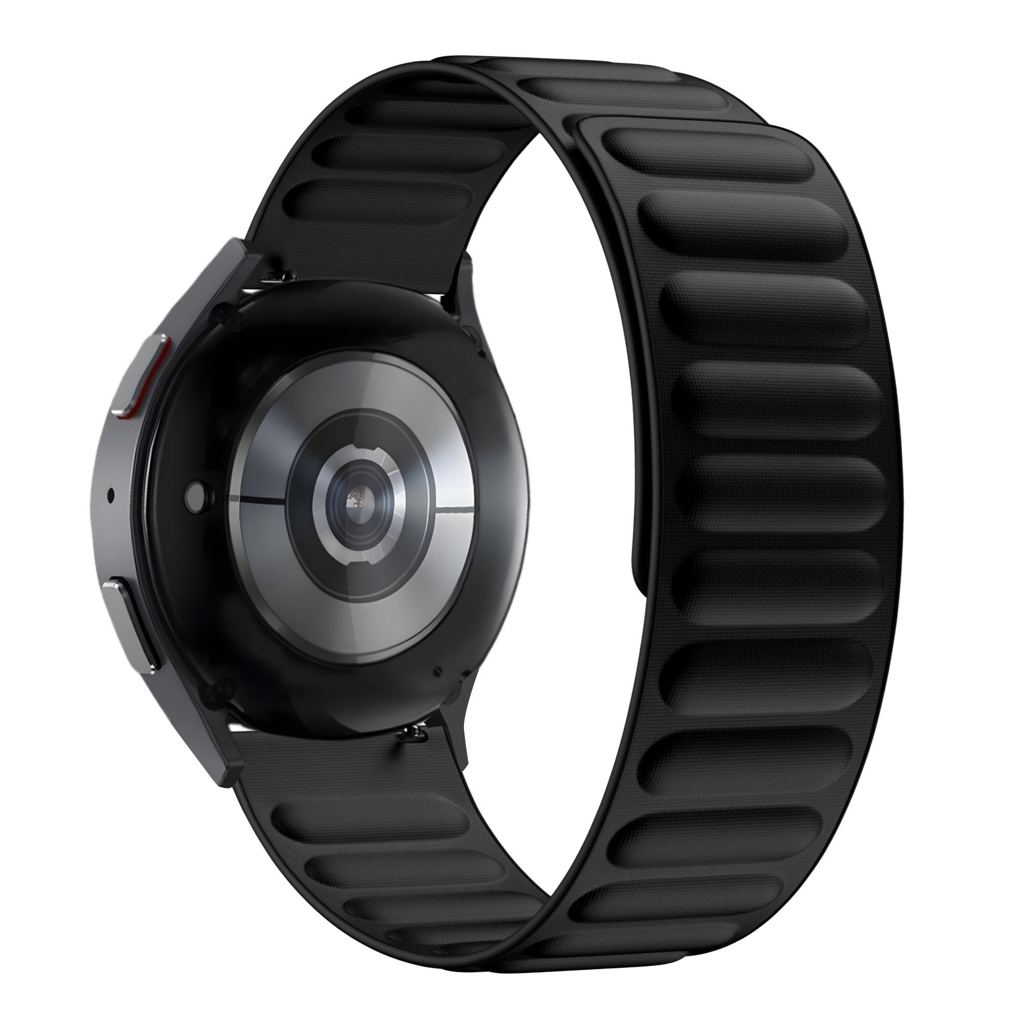 Schwarze Smartwatch mit passendem Armband. Rückseite und Armband der Uhr sind sichtbar. Weißer Hintergrund.