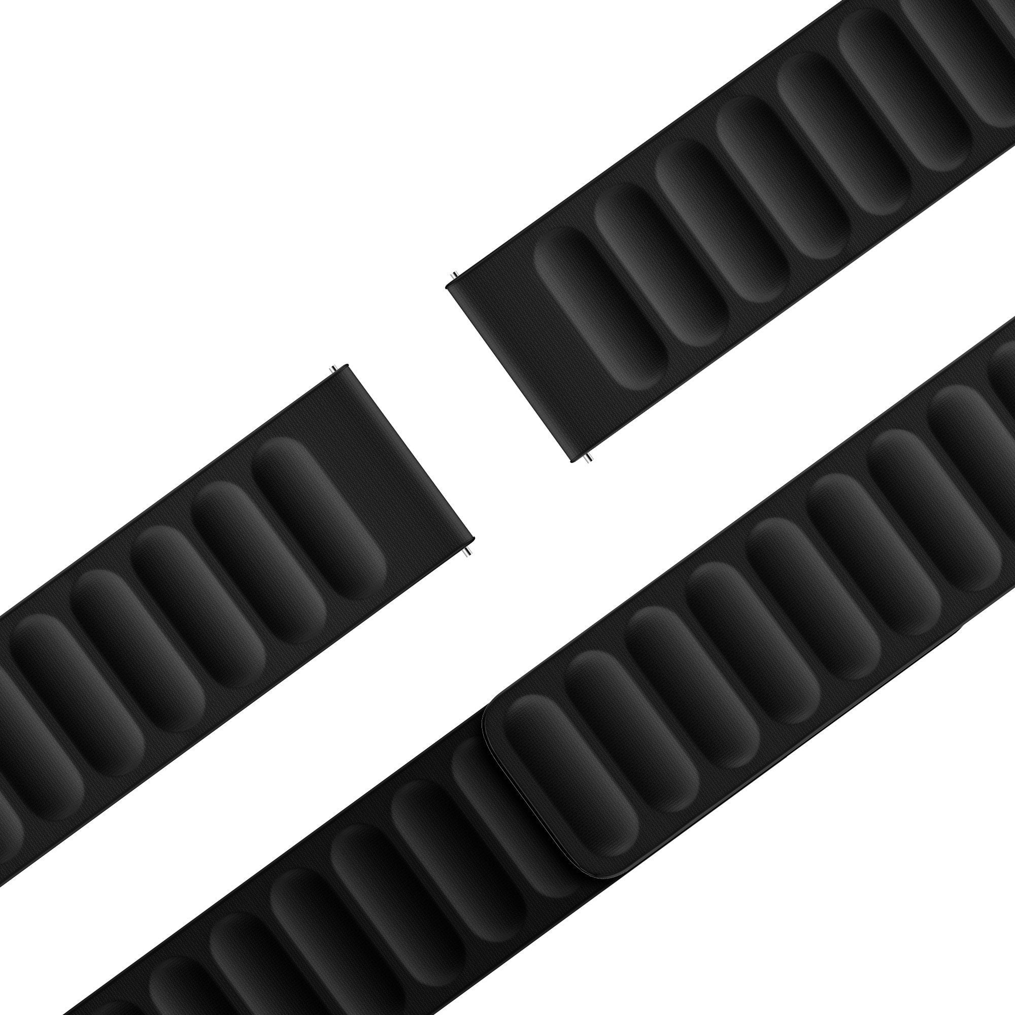 Drei schwarze Uhrenarmbänder mit strukturierter Oberfläche und Magnetverschlüssen vor weißem Hintergrund angeordnet.