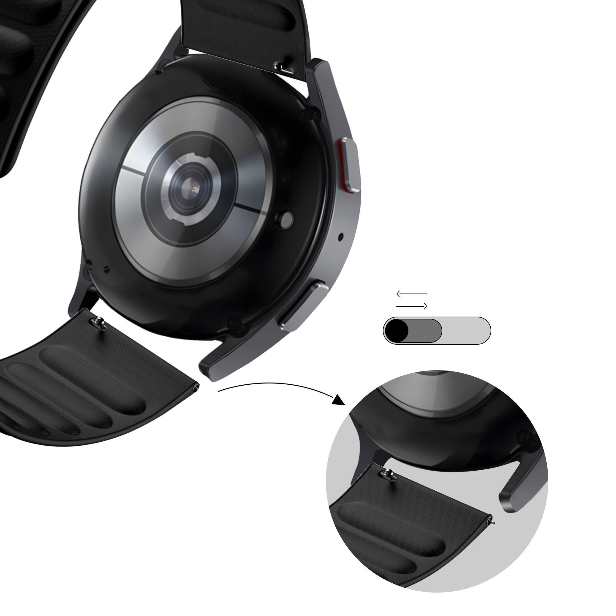 Nahaufnahme einer schwarzen Smartwatch mit abgenommenem Armband. Eine Illustration zeigt einen Knopf mit Pfeilen.