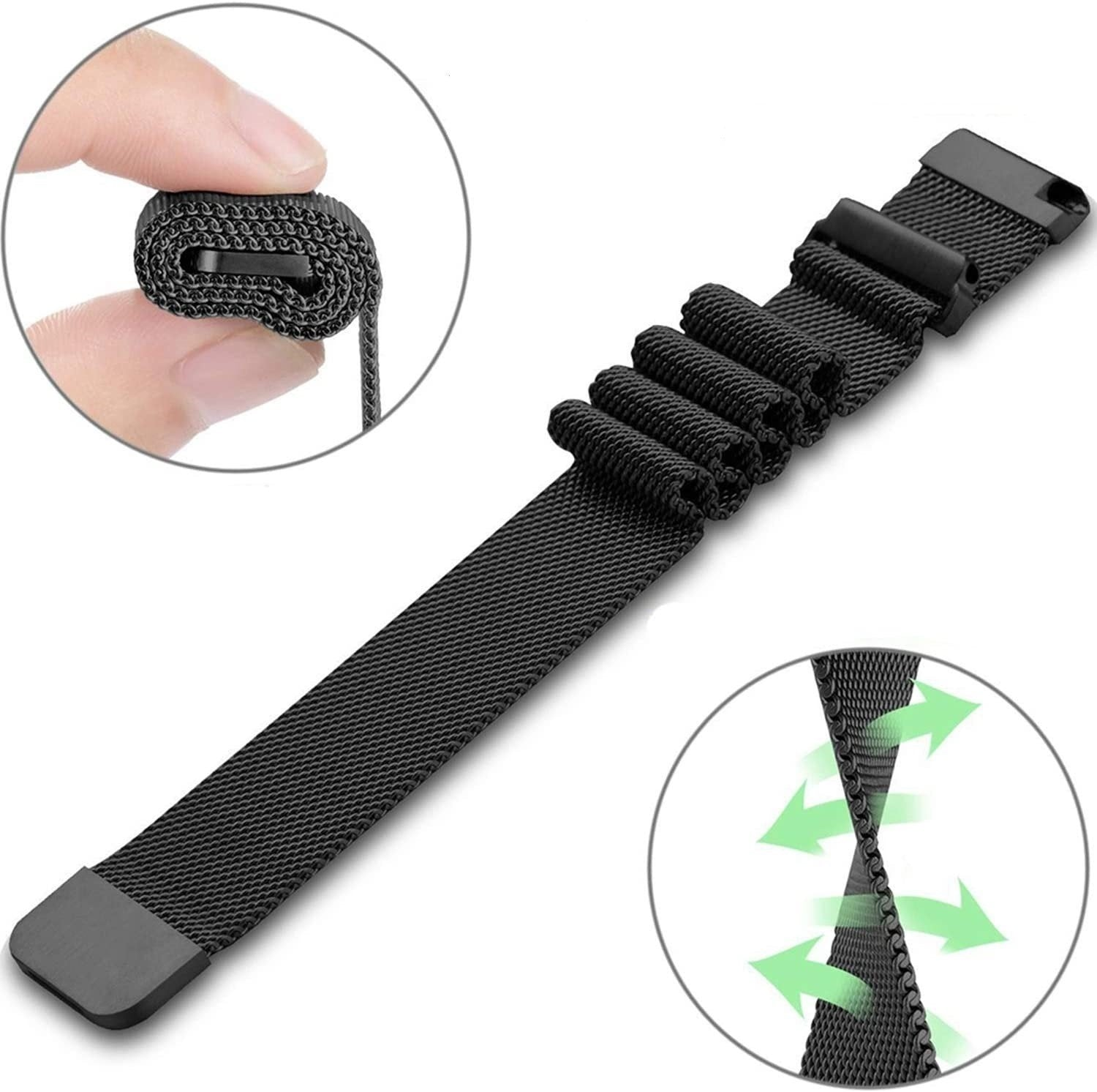 Schwarzes Uhrenarmband ausgebreitet, mit Nahaufnahmen von Abschnitten. Eine Hand hält einen aufgerollten Teil. Pfeile zeigen den Luftstrom.