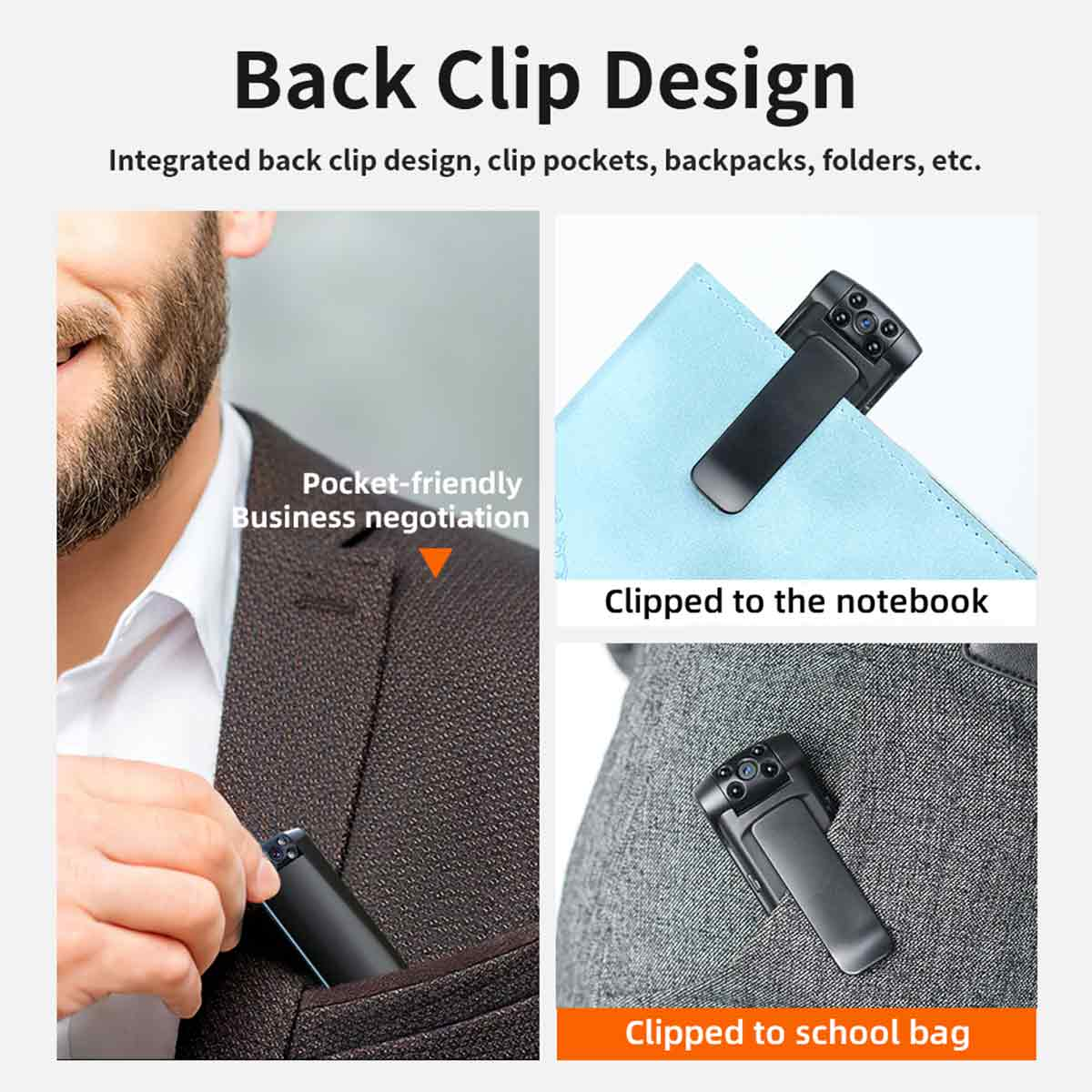 Ein Bild zeigt ein Back-Clip-Design einer kleinen Kamera. Sie kann an ein Notizbuch, eine Jackentasche oder eine Schultasche geklemmt werden.