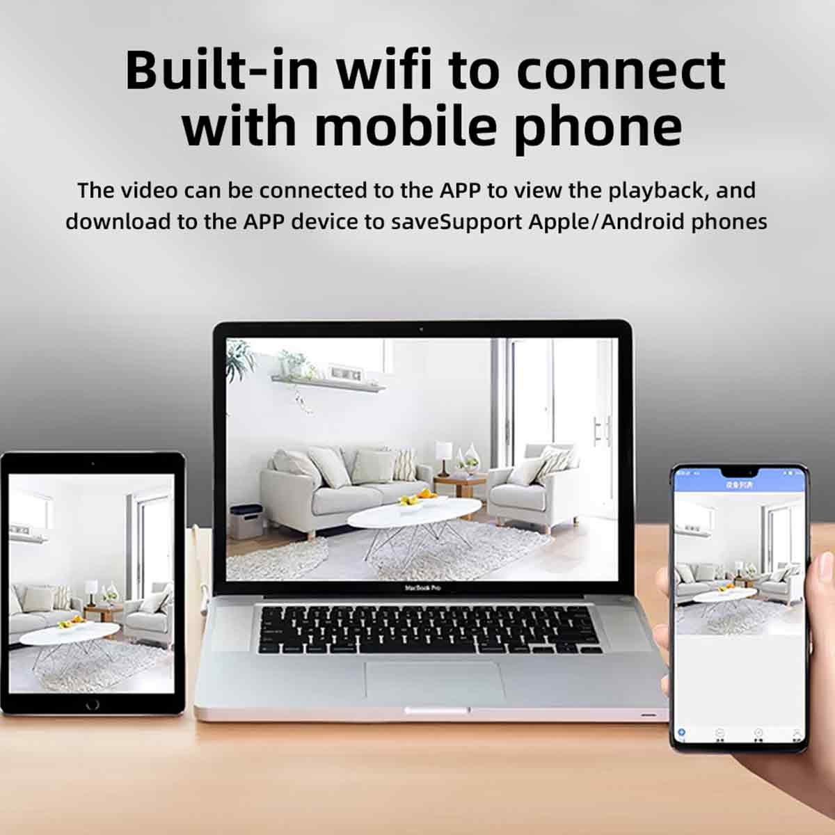 Das Bild zeigt einen Laptop, ein Tablet und ein Telefon, die ein Wohnzimmer anzeigen. Der Text besagt eingebaute WLAN-Verbindung zum Mobiltelefon.