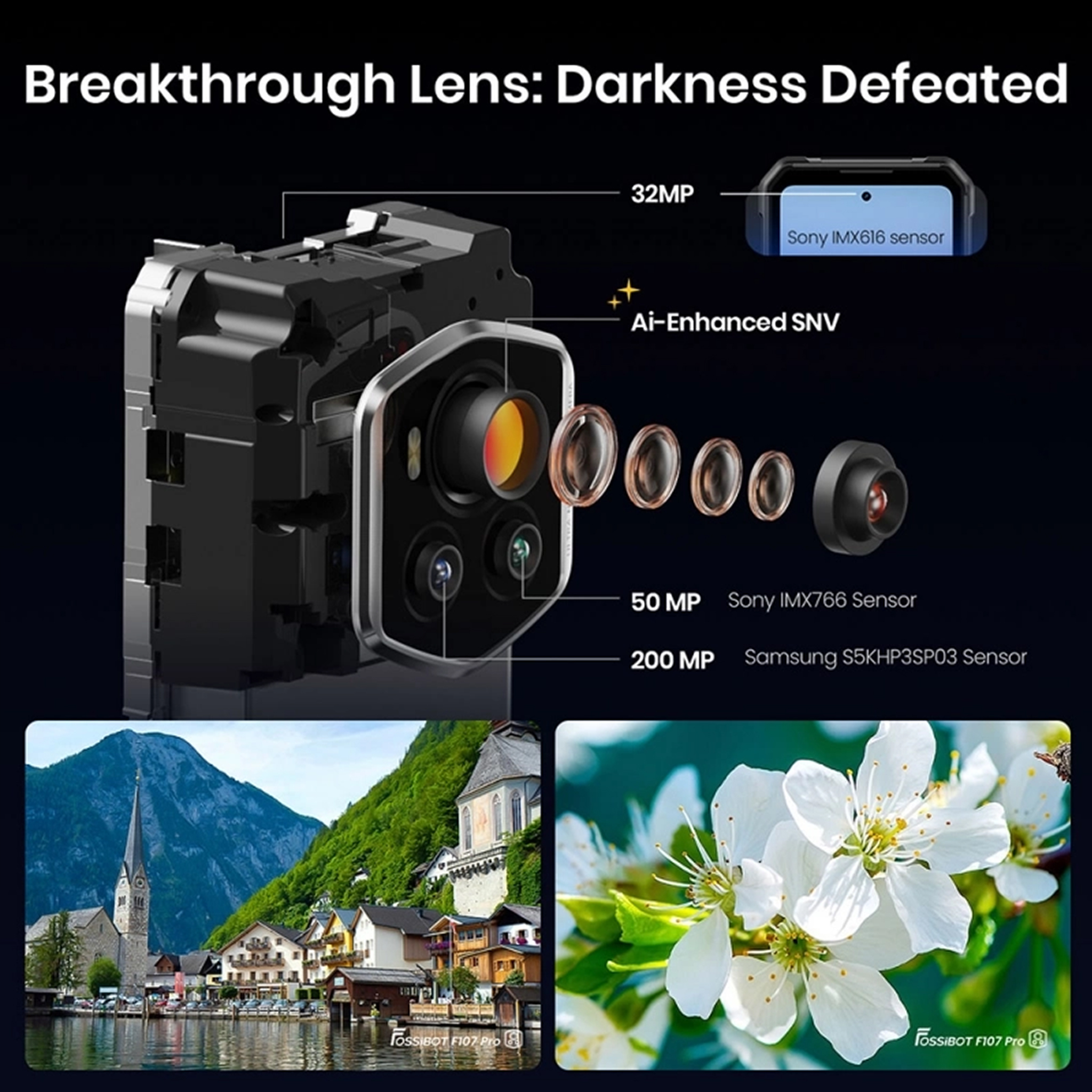 L'immagine mostra un modulo fotocamera con lenti, dettagli del sensore e due immagini incorporate: un lago panoramico e fiori bianchi.