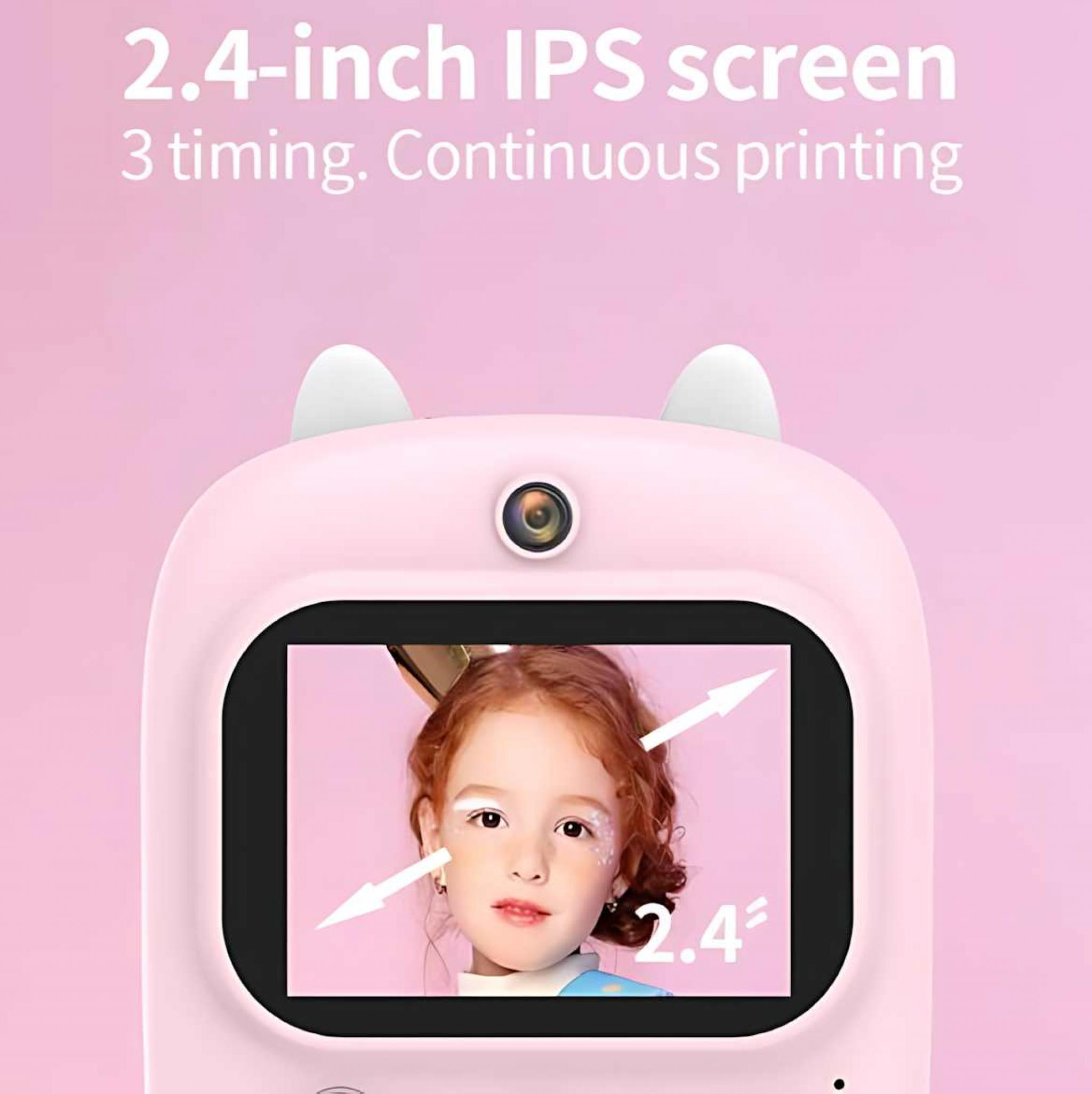 Eine rosa Kamera mit dem Bild eines Kindes auf dem Bildschirm. Der Text lautet: '2,4-Zoll-IPS-Bildschirm'.