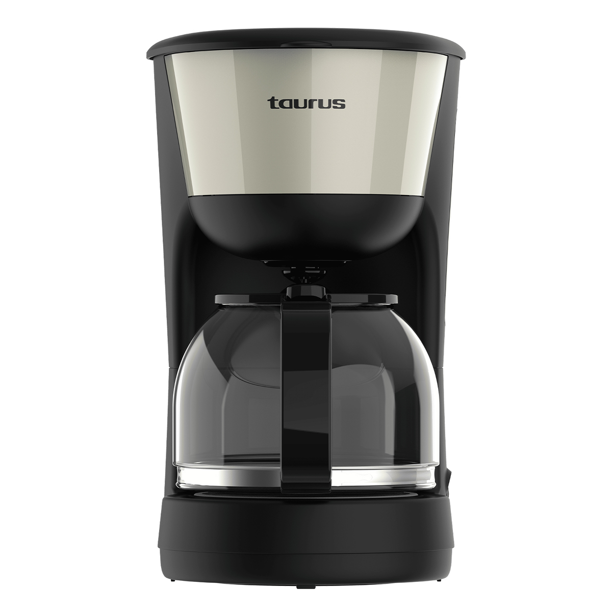Una cafetera Taurus negra y beige. Tiene una jarra de vidrio y una base negra. La marca está impresa en la parte delantera.