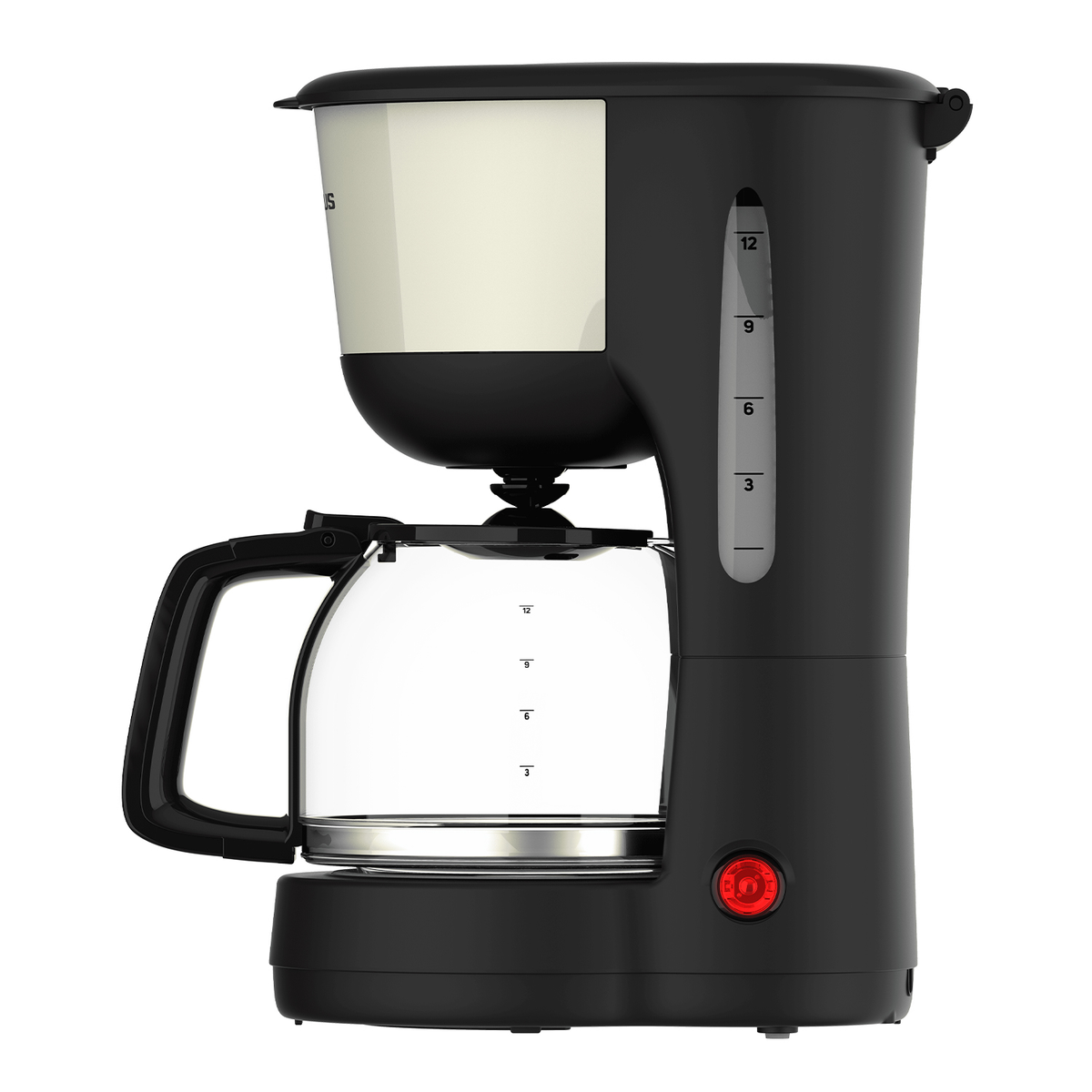 Una cafetera negra y crema. Tiene una jarra de vidrio y un botón rojo de encendido. El nivel del agua está marcado en el lateral.