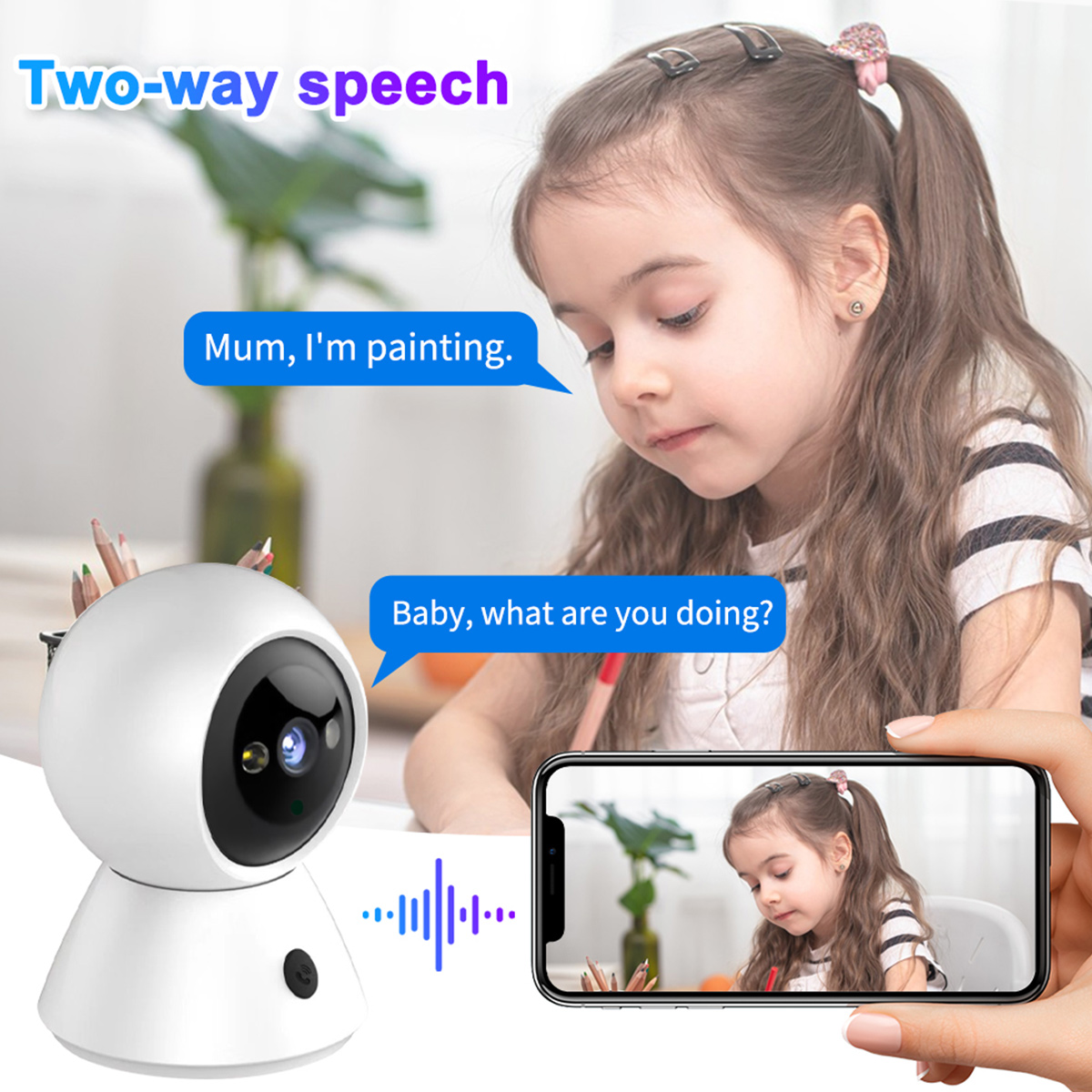 Ein Mädchen malt, betrachtet auf einem Telefon. Im Vordergrund eine weiße Kamera mit schwarzer Linse und Mikrofon. Der Text sagt 'Two-way speech'.