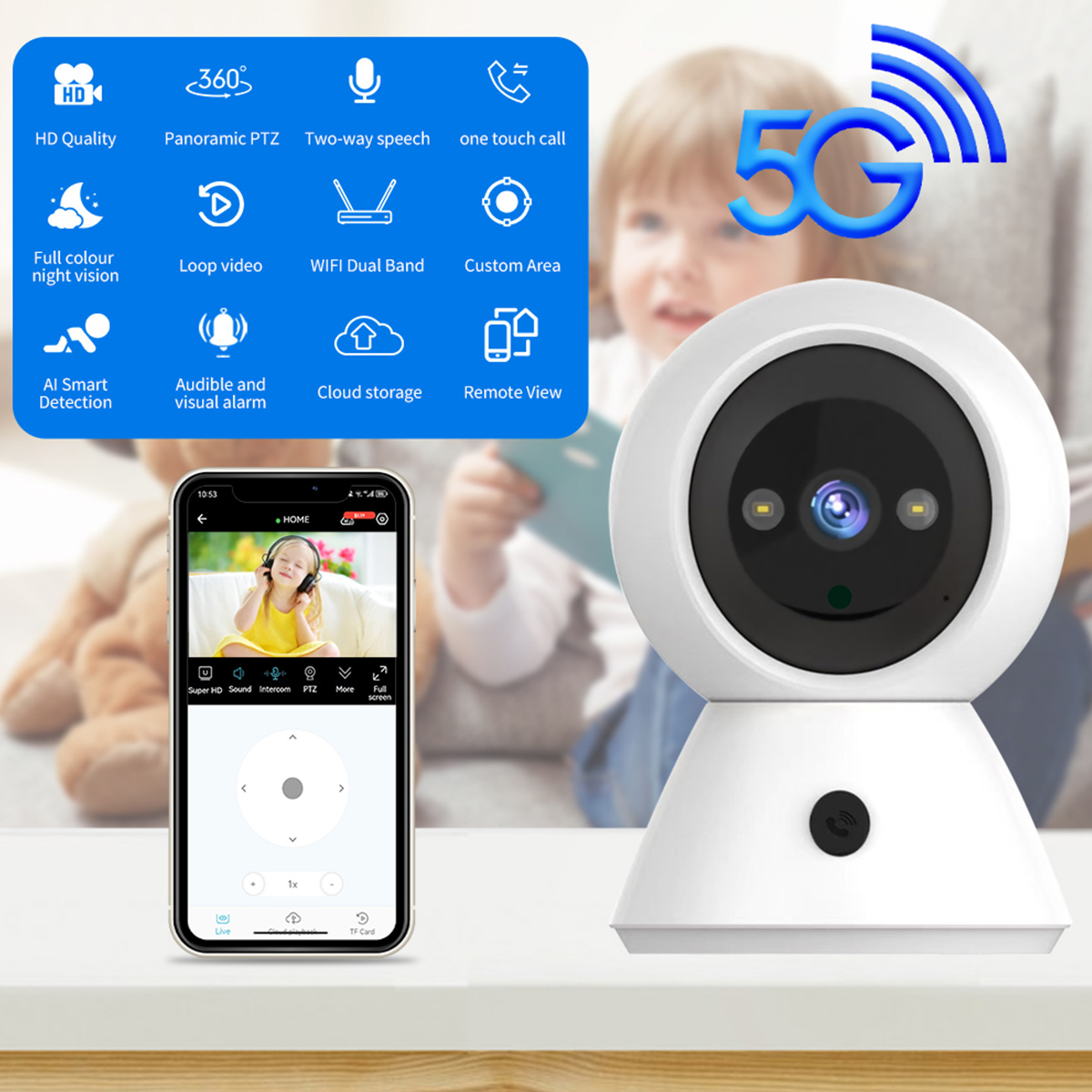Eine weiße Überwachungskamera mit schwarzem Objektiv wird neben einem Smartphone mit einem Kind angezeigt. Symbole und das 5G-Logo sind sichtbar.