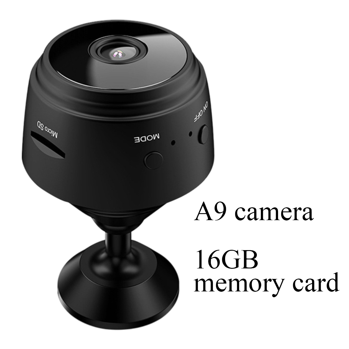 Eine kleine schwarze A9-Kamera mit Ständer. Text sagt: A9-Kamera, 16GB Speicherkarte.