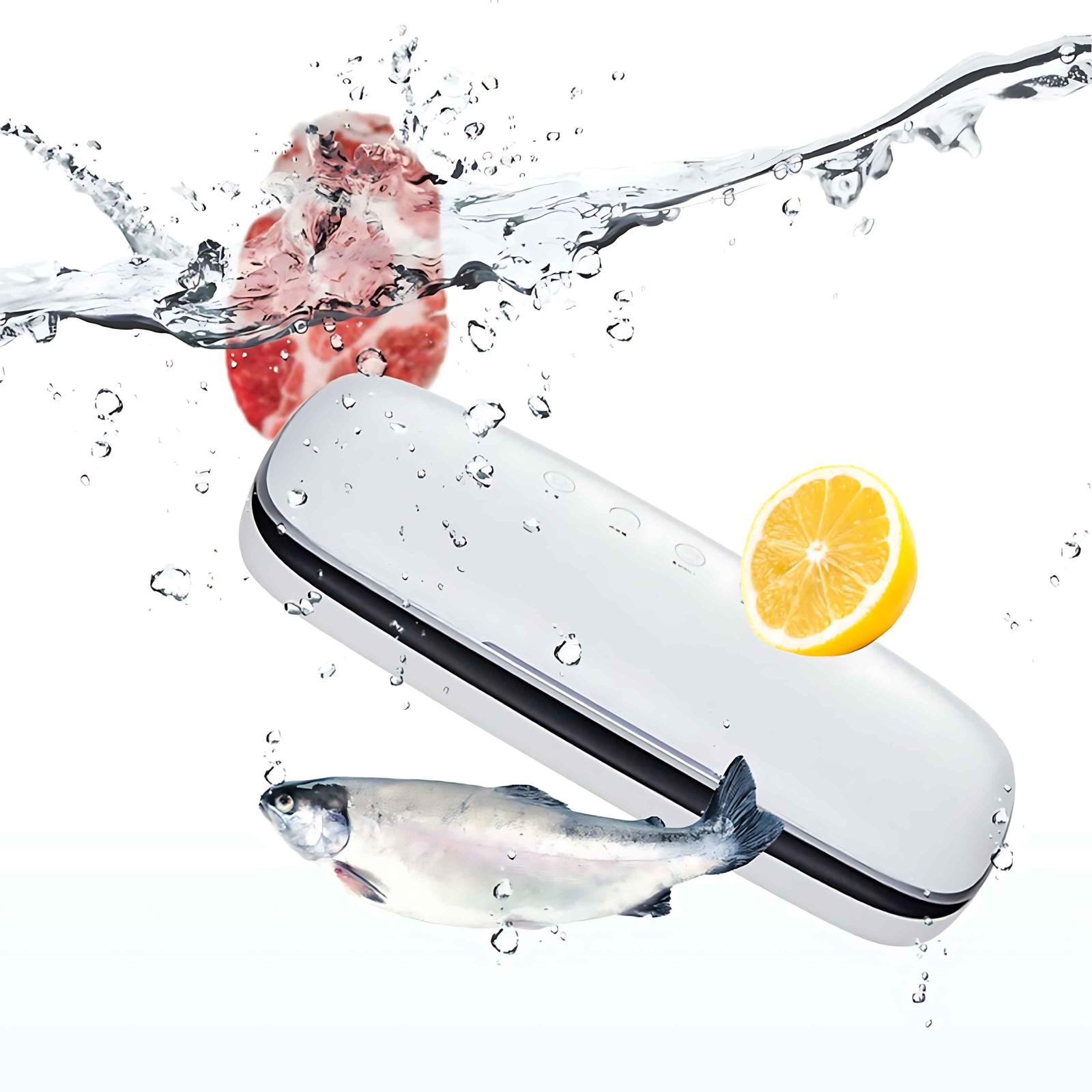 Das Bild zeigt Fleisch, Fisch und eine Zitrone mit einem weißen Vakuumiergerät. Wasser und Blasen erscheinen um die Objekte herum.