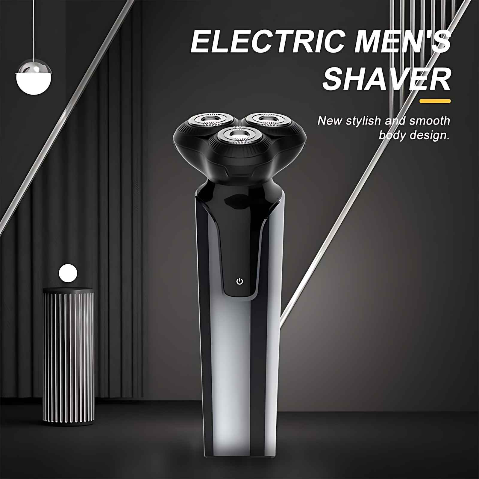 Ein elektrischer Rasierer für Männer auf dunklem Hintergrund. Der Rasierer ist schwarz und silberfarben. Text: 'Electric Men's Shaver'.