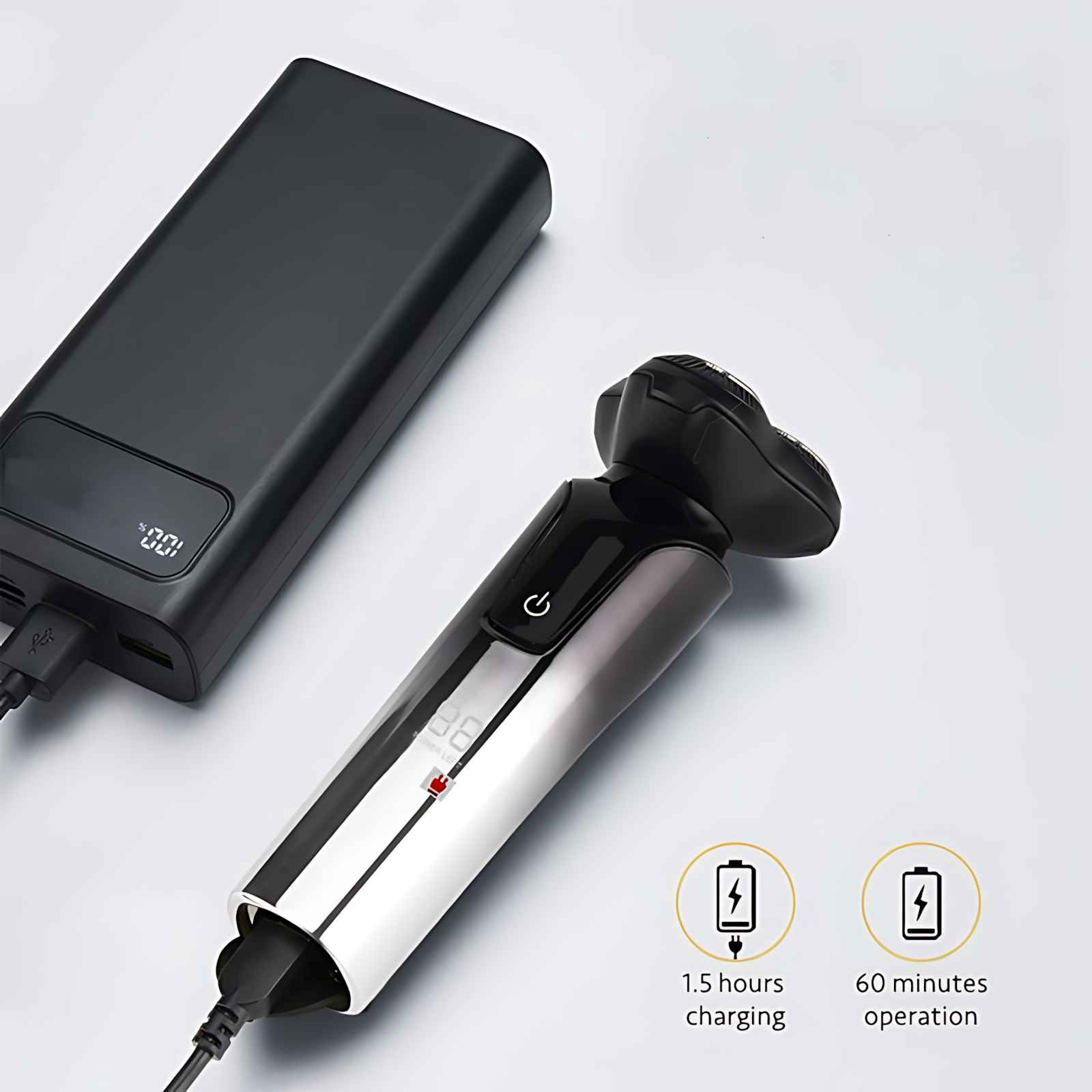 Elektrischer Rasierer an Powerbank. Display zeigt Akkulaufzeit. Symbole zeigen 1,5 Stunden Laden und 60 Minuten Betrieb.