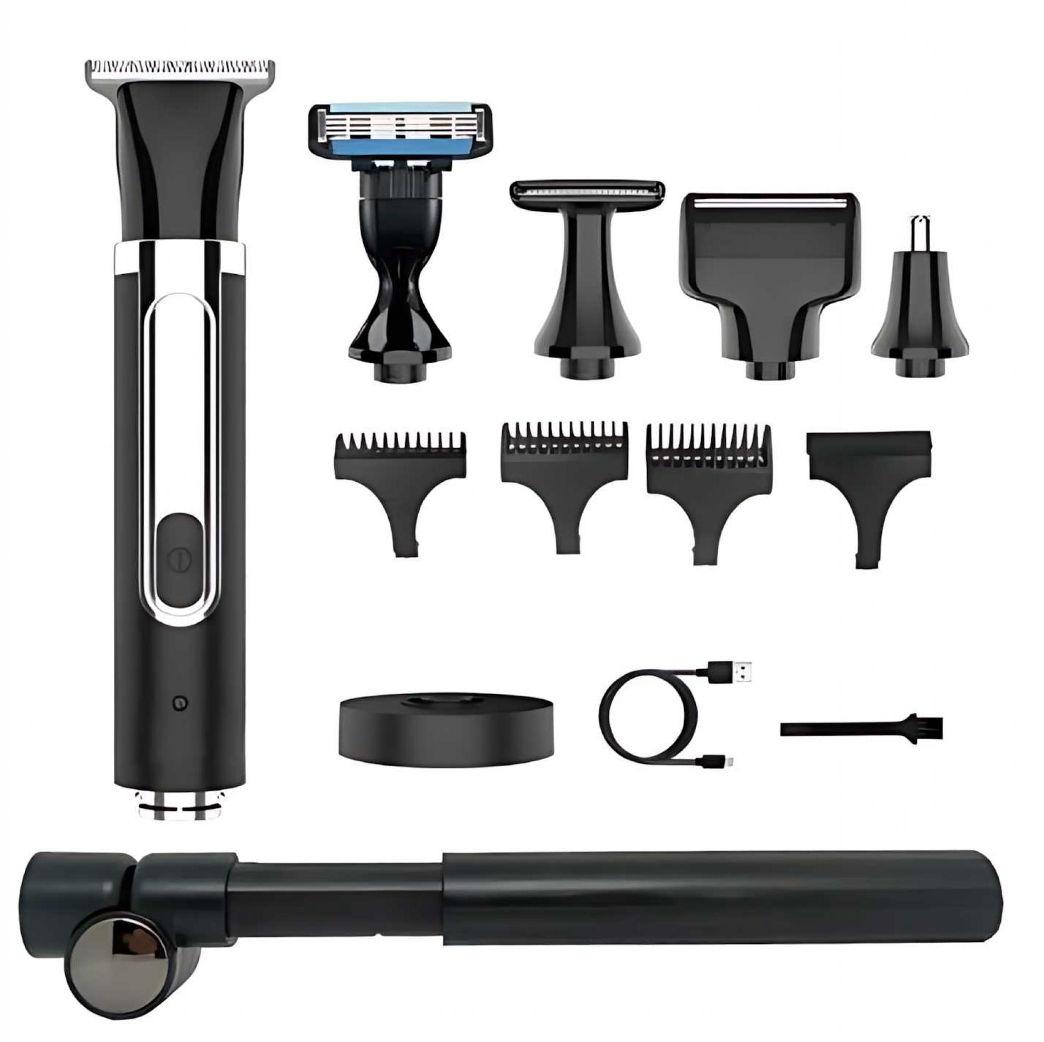 Schwarzes Pflege-Set mit Aufsätzen. Enthält einen Trimmer, einen Rasierkopf und verschiedene Kammaufsätze, sowie ein Ladekabel.