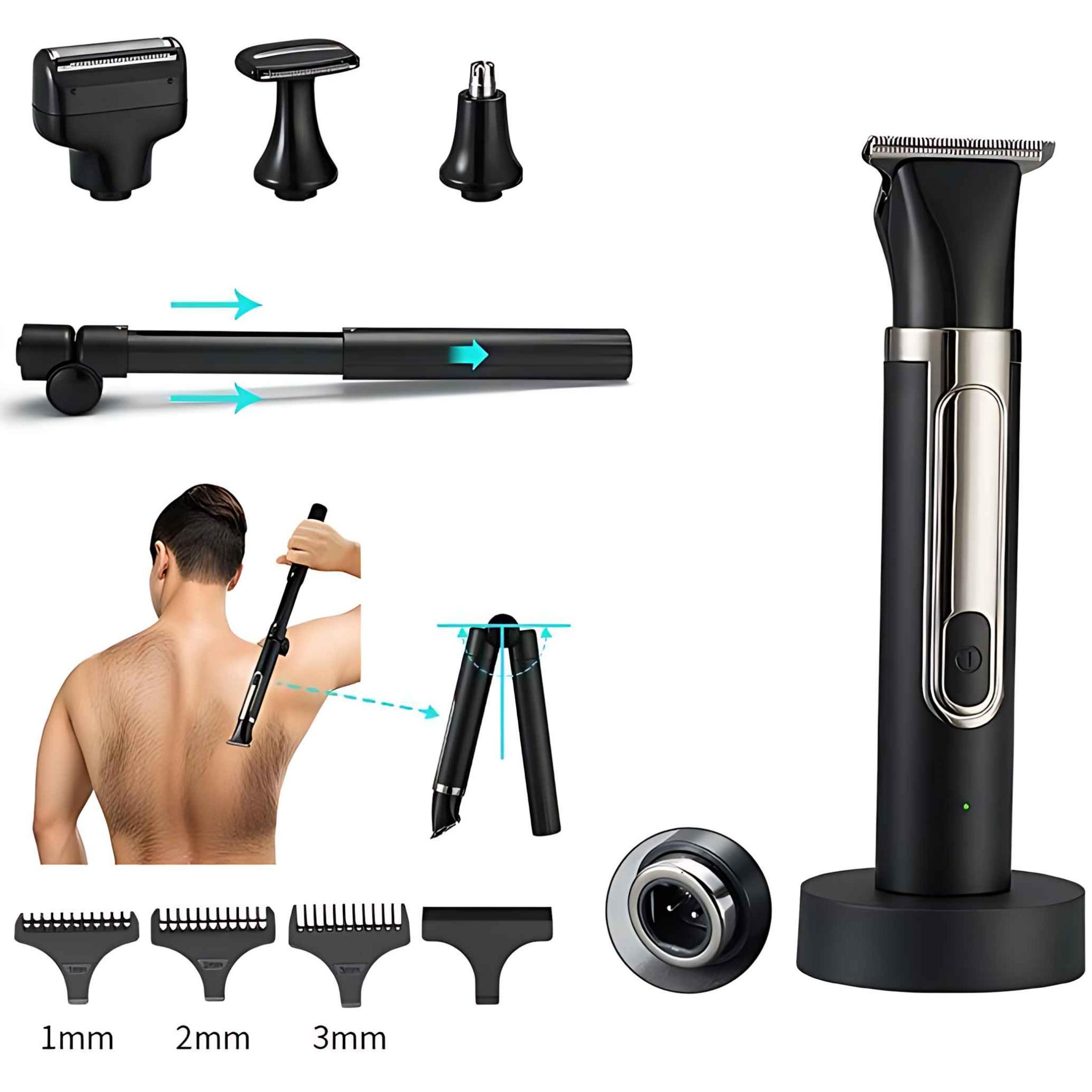 Schwarzes Pflege-Set mit verschiedenen Aufsätzen. Ein Mann rasiert seinen Rücken. Trimmer mit verschiedenen Kammgrößen und Ladestation.