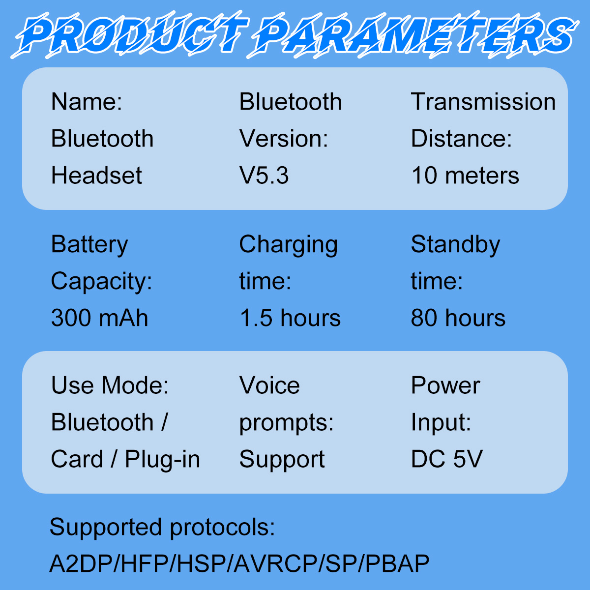 Das Bild zeigt Produktparameter für ein Bluetooth-Headset. Spezifikationen umfassen Version V5.3, 10m Entfernung, 300mAh Akku und DC 5V Eingang.