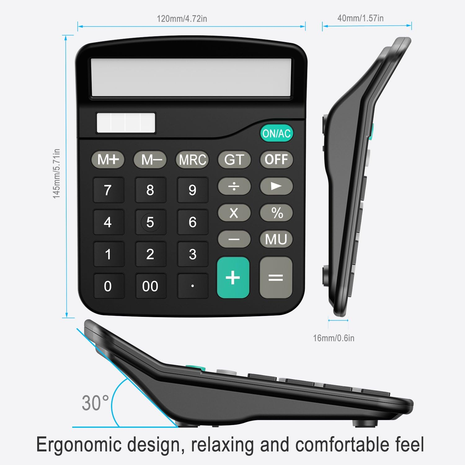 Ein schwarzer Taschenrechner mit weißen Tasten und Zahlen. Abmessungen sind angegeben, zusammen mit 'Ergonomisches Design, entspanntes und komfortables Gefühl'.