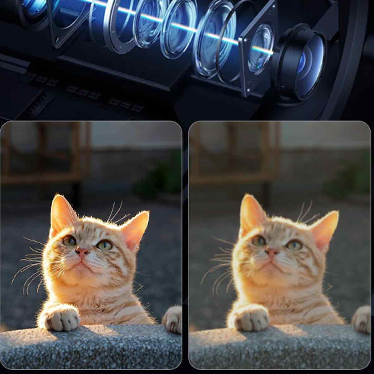 Zwei orangefarbene Tabby-Katzen schauen nach oben, Pfoten auf einer Mauer. Hintergrund: Kameraobjektivelemente. Katzen im Sonnenlicht.