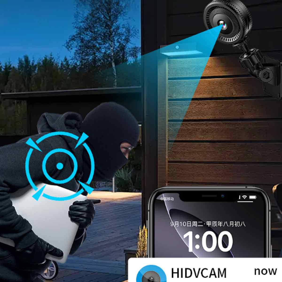 Ein Einbrecher mit Sturmhaube und Handschuhen wird von einer Überwachungskamera erwischt, ein Telefon zeigt die Uhrzeit. Kamera an der Wand.