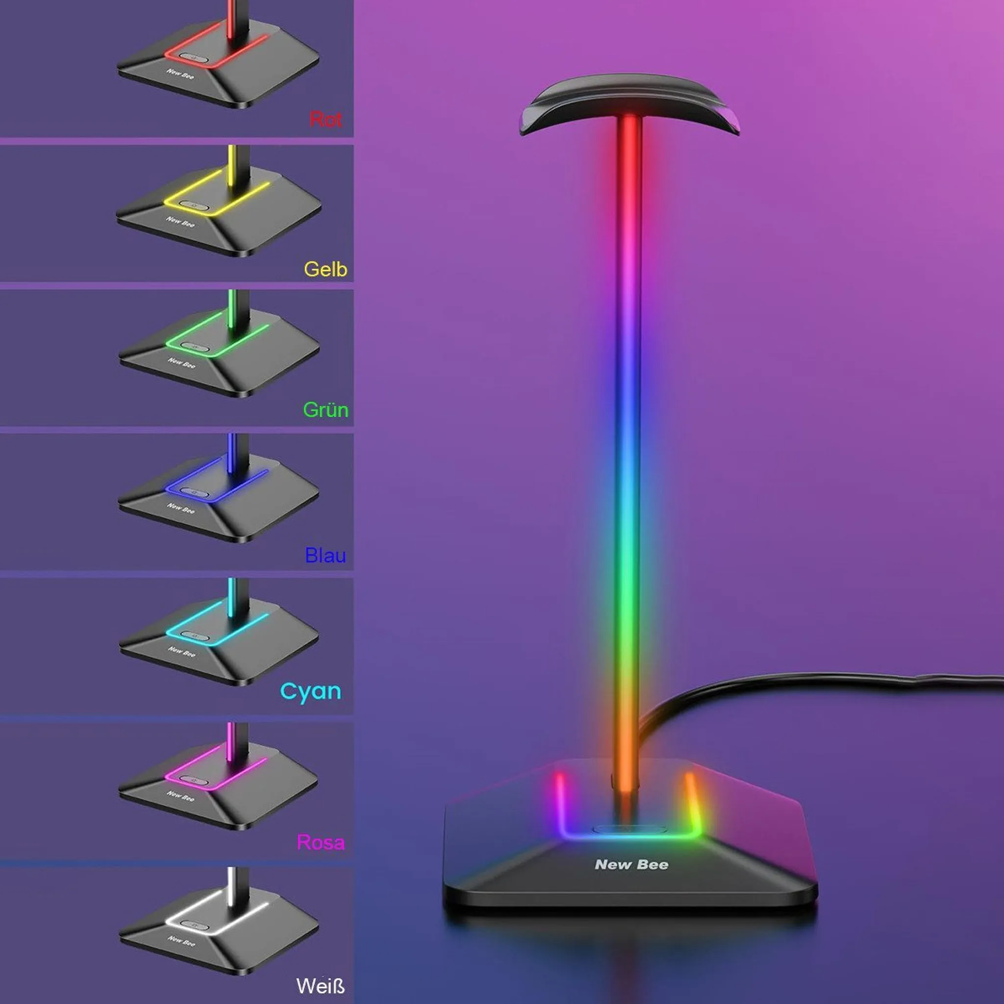 Ein schwarzer Headset-Ständer mit einer Regenbogenfarben-Lichtanzeige. Auf der Basis steht 'New Bee'.