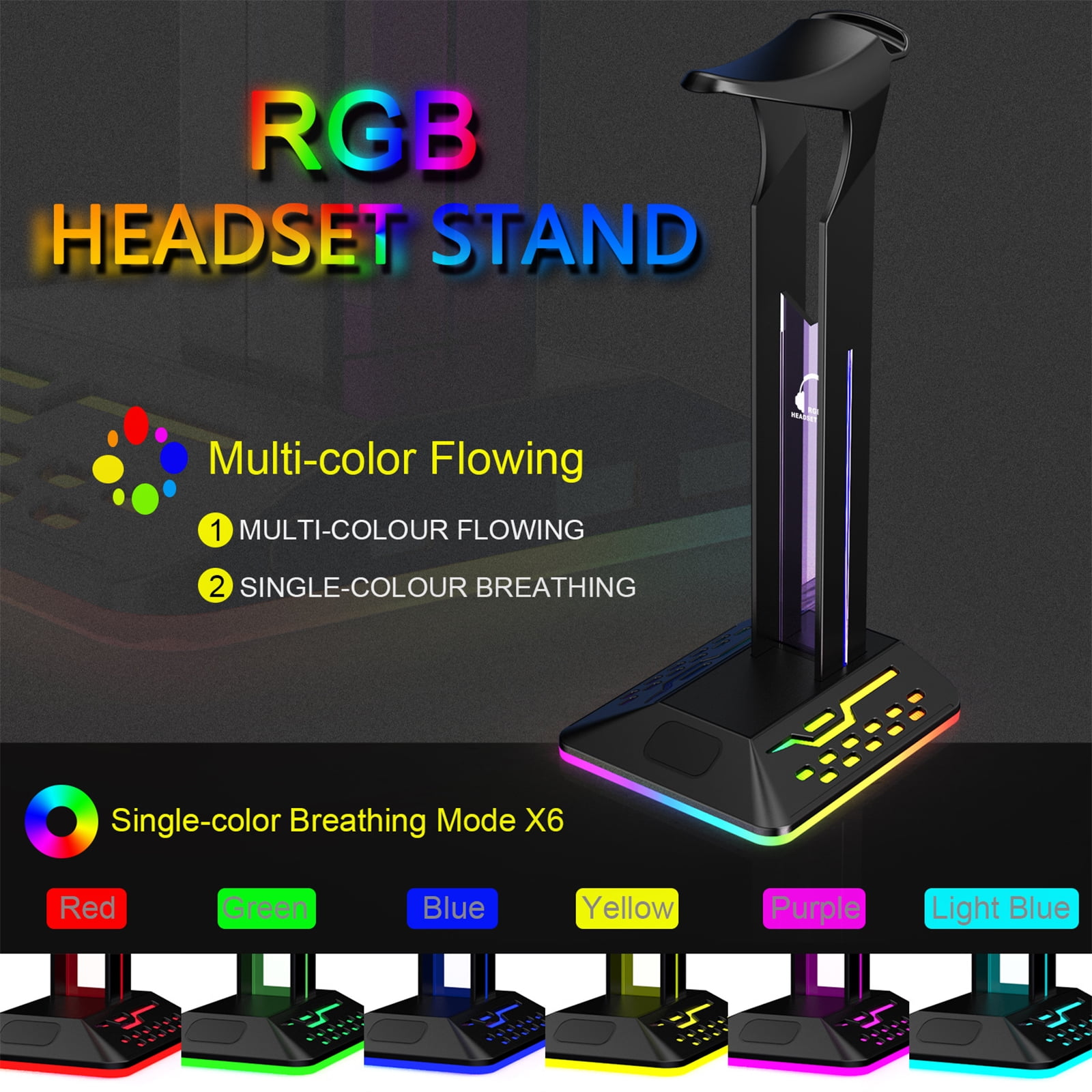 Ein RGB-Headset-Ständer. Er hat mehrere Beleuchtungsmodi und eine Basis mit LED-Leuchten in verschiedenen Farben. Der Ständer ist schwarz.