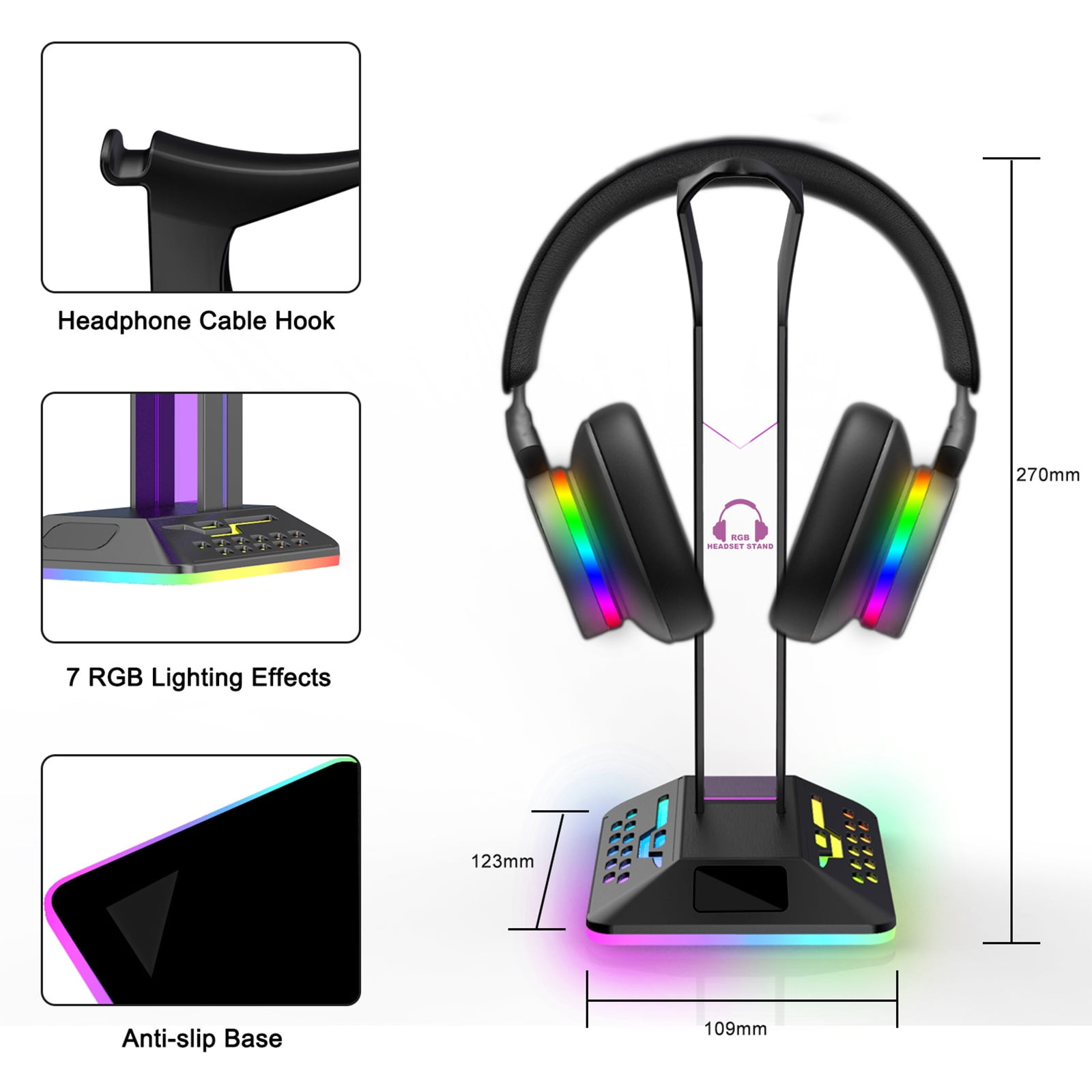 Kopfhörerständer mit RGB-Beleuchtung, Abmessungen angegeben. Hat einen Kabelhaken und eine rutschfeste Basis. Kopfhörer sind darauf platziert.