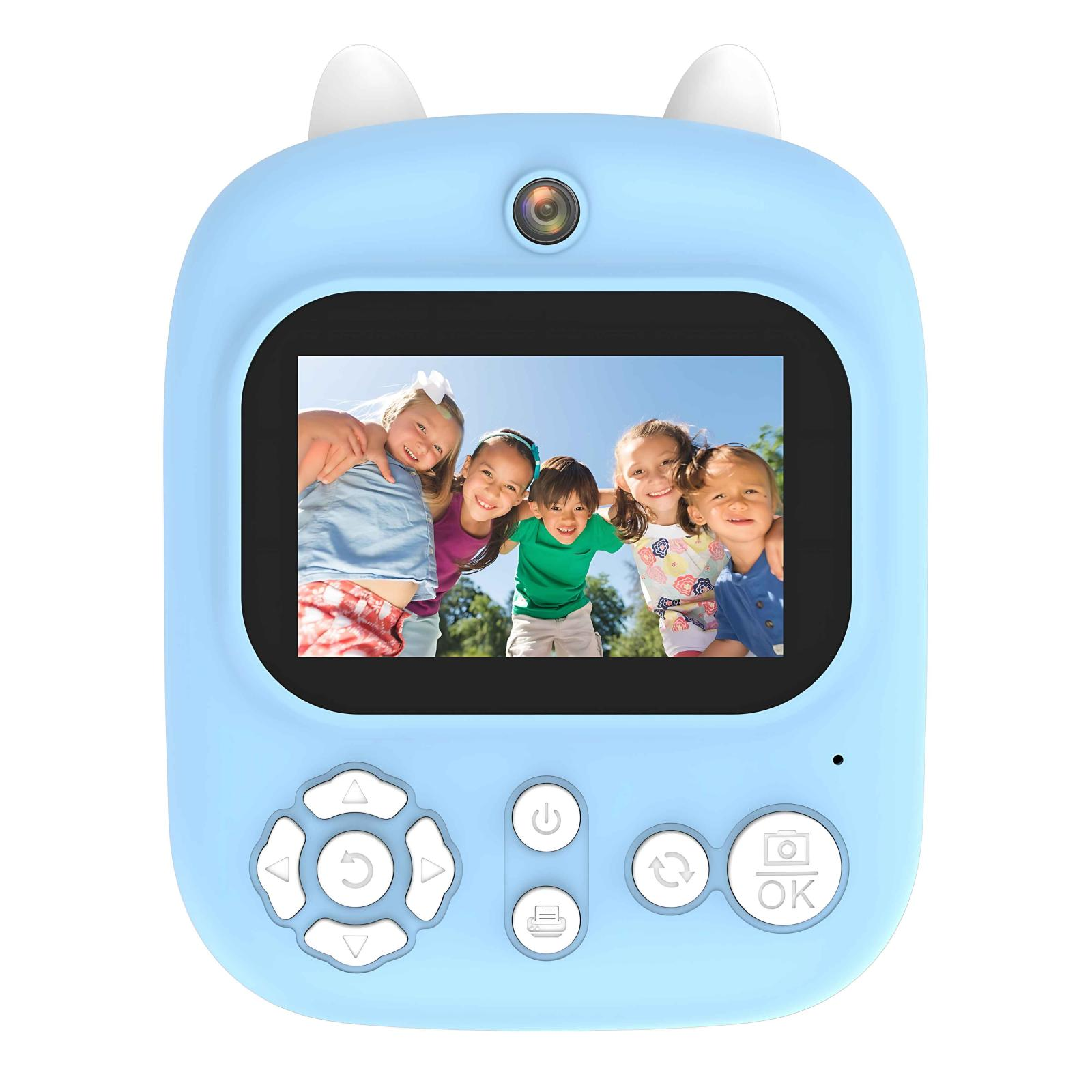 Blaue Kinderkamera mit Bildschirm, der lächelnde Kinder zeigt. Sie hat Bedienelemente und ein katzenohrenähnliches Design.