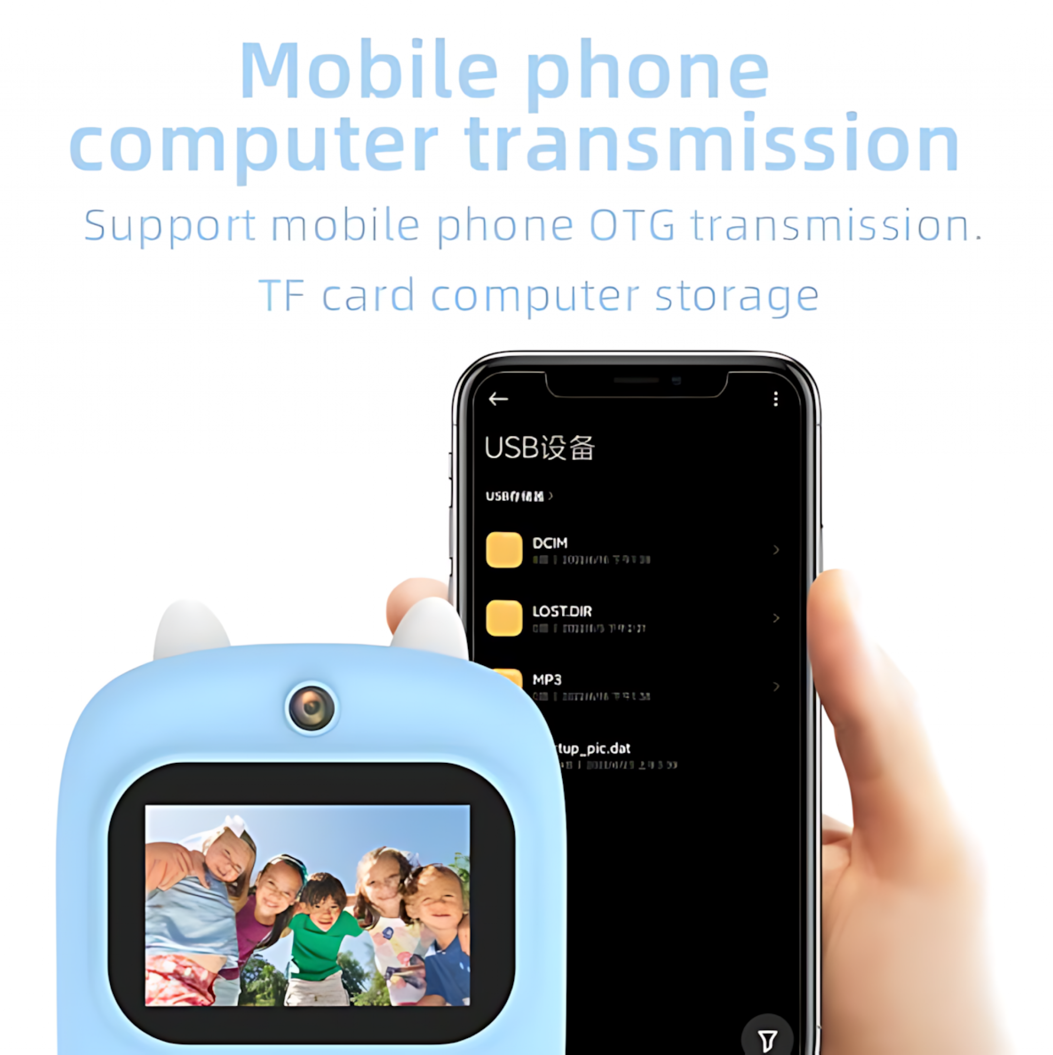 Blaues kameraförmiges Gerät mit Bildschirm, der Kinder zeigt. Ein Telefon zeigt Dateiübertragungsoptionen. Text: Mobile Telefon-Computerübertragung.