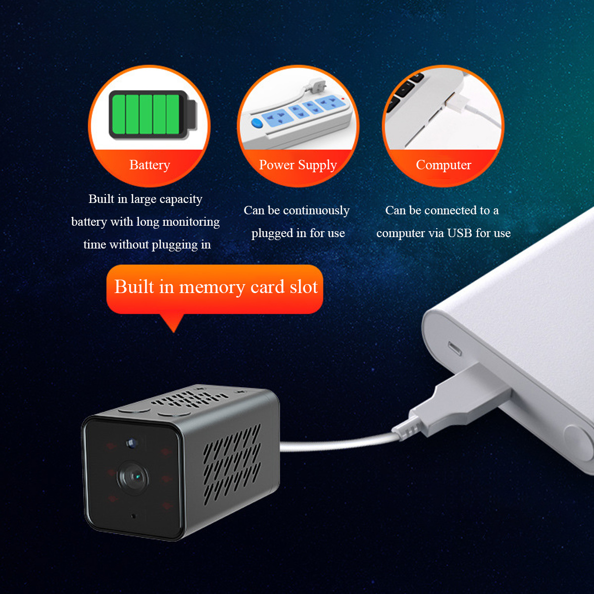 Eine kleine Kamera mit einem USB-Kabel, das an eine weiße Powerbank angeschlossen ist, mit Symbolen für Akku, Netzteil und Computer.
