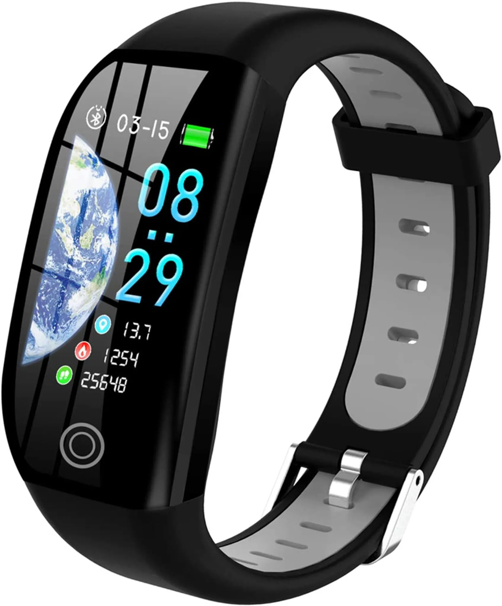 Eine schwarz-graue Smartwatch zeigt Zeit, Datum und Gesundheitsmetriken an. Der Bildschirm zeigt eine Globusgrafik.
