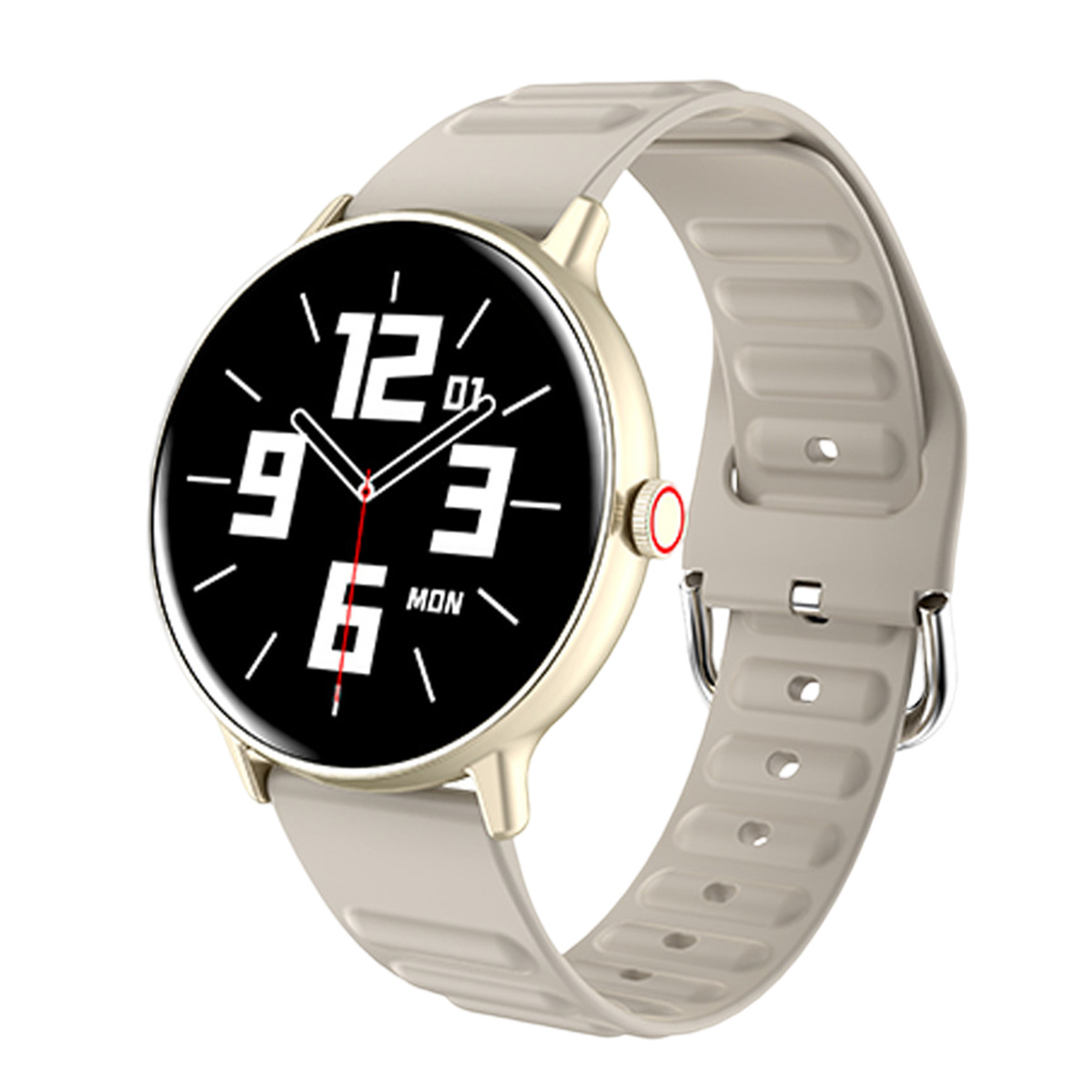 Eine beige Smartwatch mit schwarzem Zifferblatt, weißen Zahlen und einem roten Sekundenzeiger. Das Armband ist beige und hat eine Schnalle.