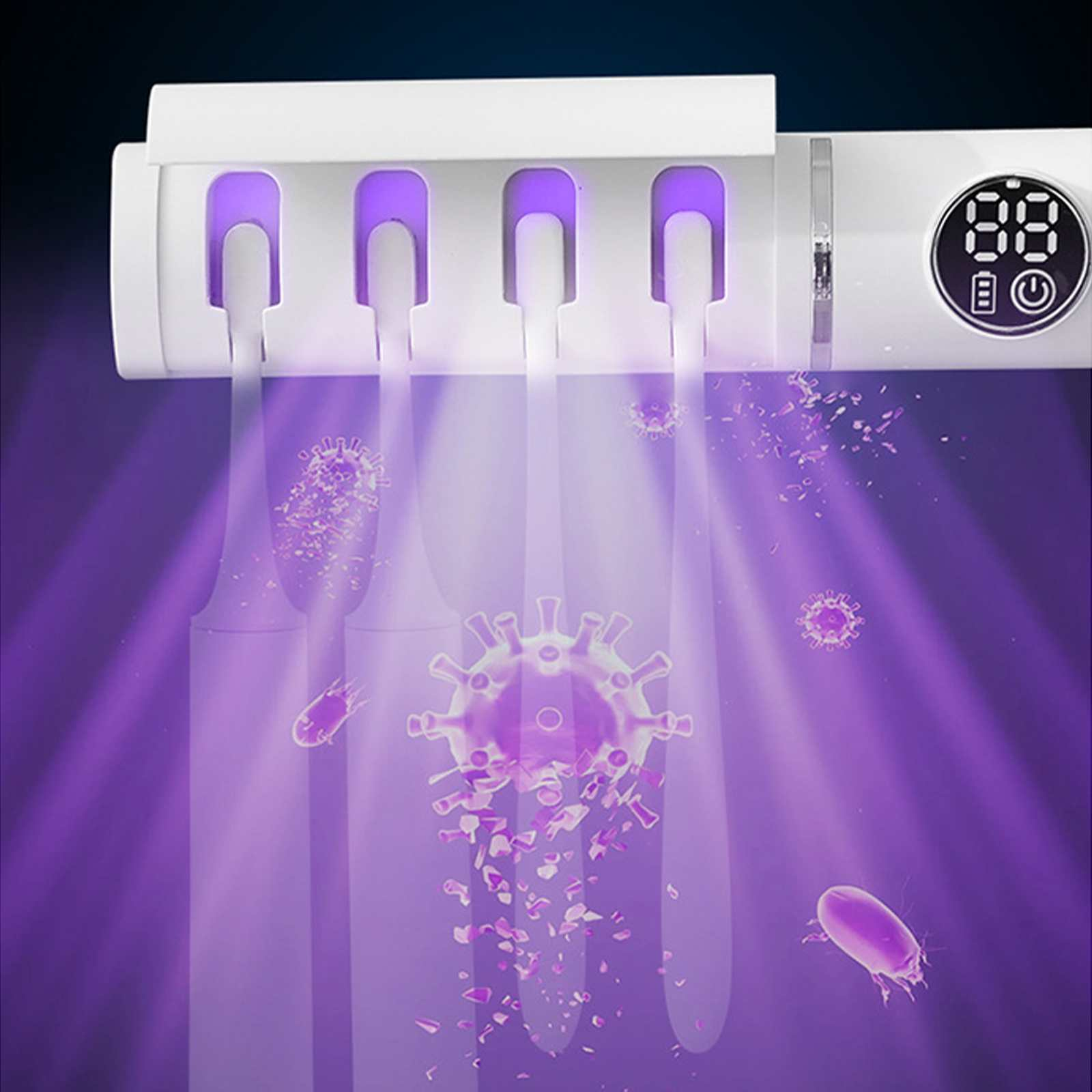 Ein weißer UV-Zahnbürstensterilisator. Vier Zahnbürsten sind im Inneren, dem violetten Licht ausgesetzt. Keime schweben.