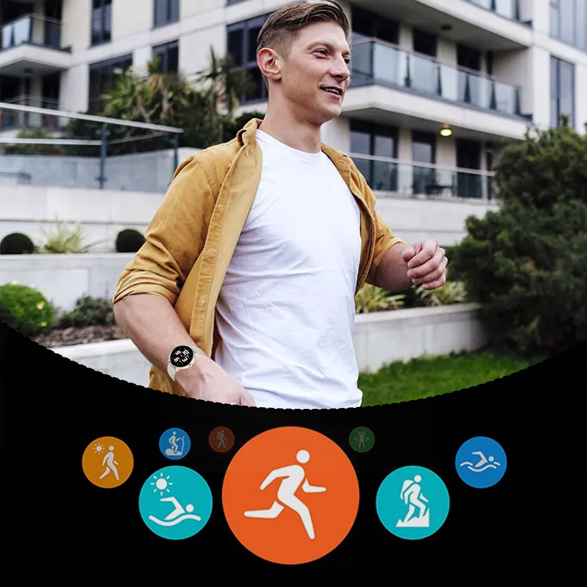 Ein Mann mit Smartwatch joggt draußen. Er trägt ein weißes T-Shirt und eine gelbe Jacke. Sport-Icons unten.