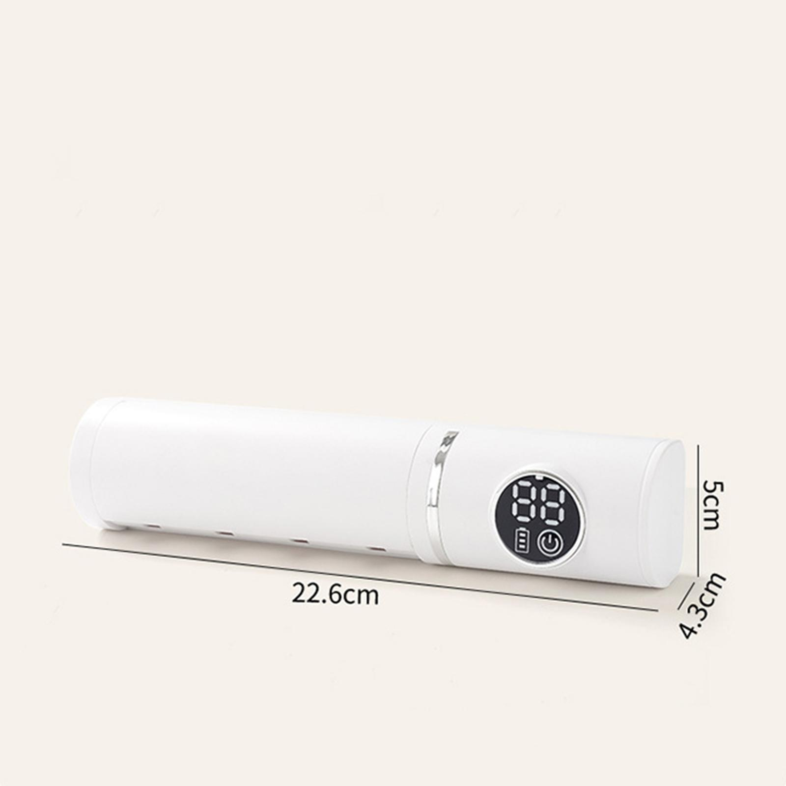 Ein weißes, zylindrisches Gerät mit Digitalanzeige. Maße: 22,6 cm lang, 5 cm hoch und 4,3 cm breit.