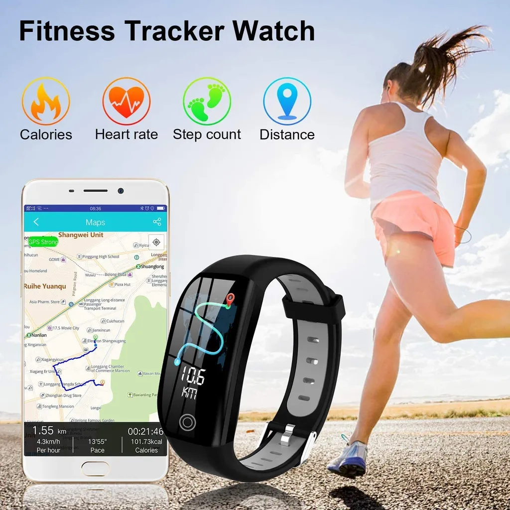 Eine Frau läuft mit einem Fitnesstracker. Ein Telefon zeigt Karte und Statistiken. Symbole für Kalorien, Herzfrequenz, Schritte und Entfernung werden angezeigt.