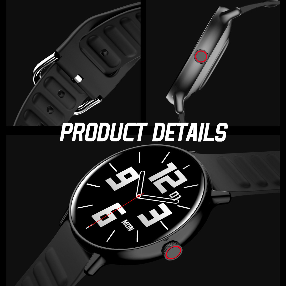 Schwarze Smartwatch mit schwarzem Armband. Details zeigen Zifferblatt, Seitentaste und Armbandschnalle. Weiße Zahlen, roter Sekundenzeiger.