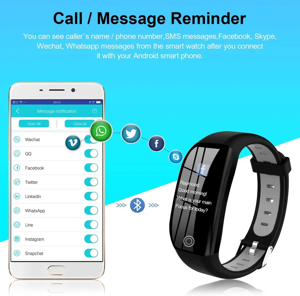 Ein Smartphone zeigt App-Benachrichtigungen an. Eine schwarze Smartwatch zeigt eine Nachricht. Social-Media-Symbole und Bluetooth-Symbol sind sichtbar.
