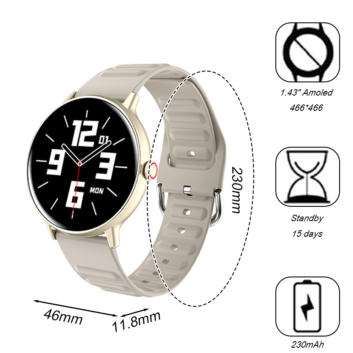 Eine Smartwatch mit rundem Display, hellgrauem Armband und detaillierten Spezifikationen wie Displaygröße und Batterieinfo.