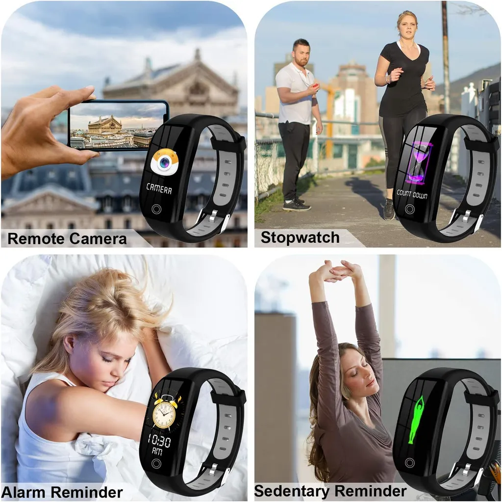 Smartwatch mit Funktionen wie Fernkamera, Stoppuhr, Wecker und Bewegungserinnerung, jeweils mit zugehörigen Bildern.