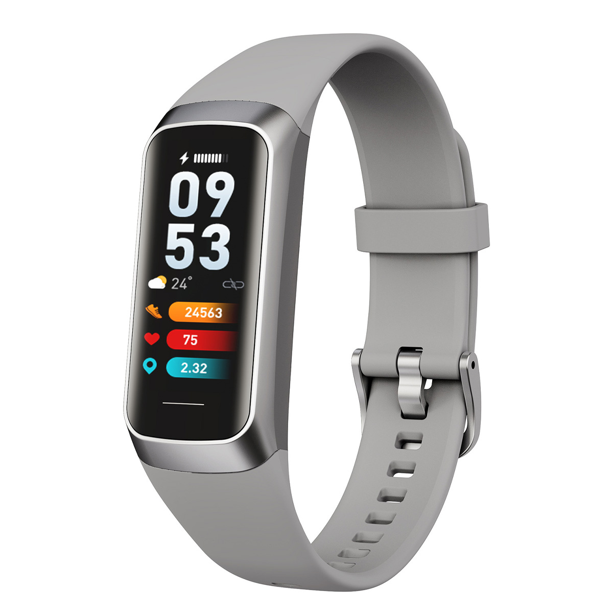 Graue Smartwatch mit Anzeige von Zeit, Schritten, Herzfrequenz und Distanz. Das Armband ist ebenfalls grau.