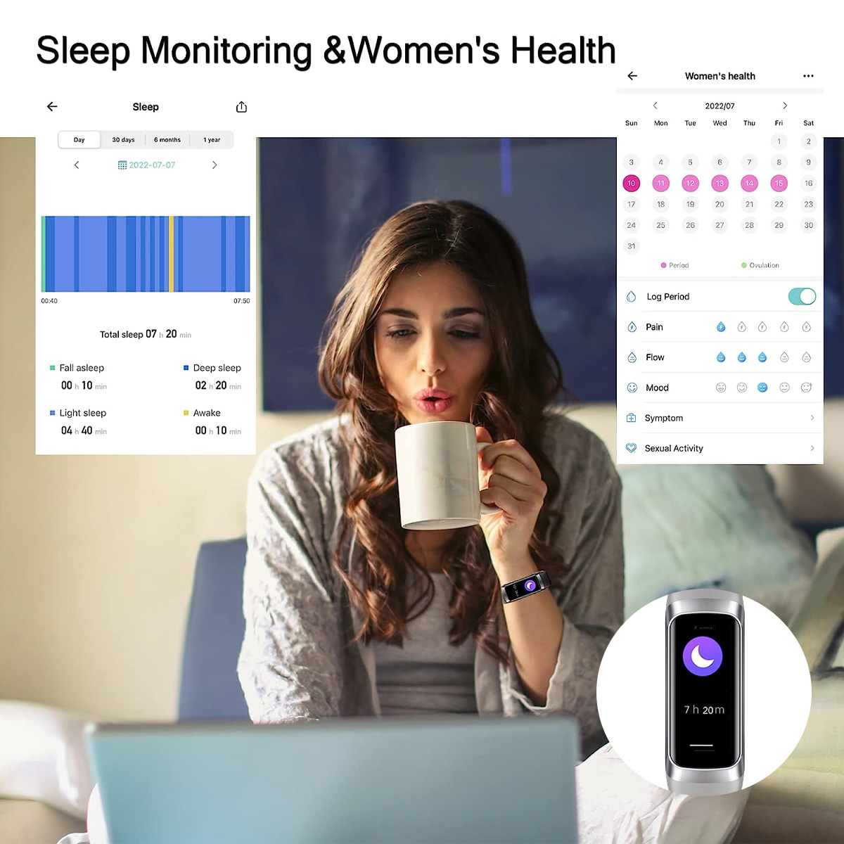Frau pustet auf eine Tasse, trägt einen Fitness-Tracker. Anzeigen von Schlaf- und Frauengesundheitsdaten und eine Smartwatch.