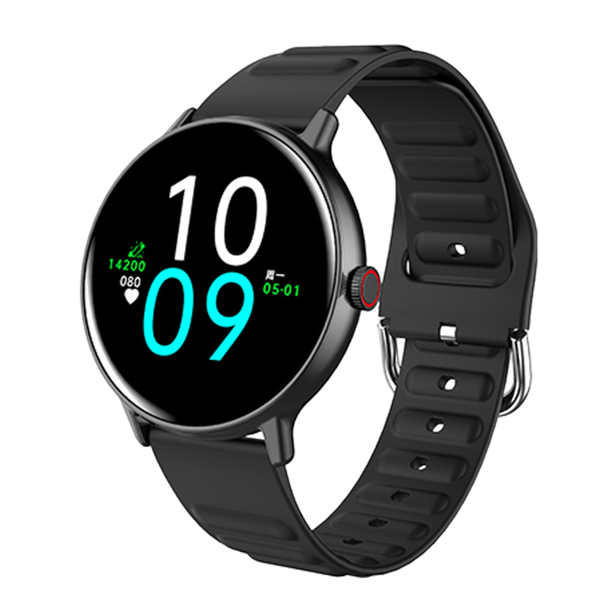 Eine schwarze Smartwatch zeigt die Uhrzeit 10:09 Uhr an. Sie hat ein schwarzes Armband und einen roten Knopf an der Seite. Der Hintergrund ist weiß.