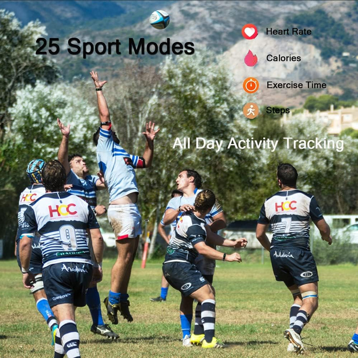 Rugbyspieler in Aktion, einer springt nach dem Ball. Das Bild zeigt das Feld mit Text und Symbolen zur Fitnessverfolgung.