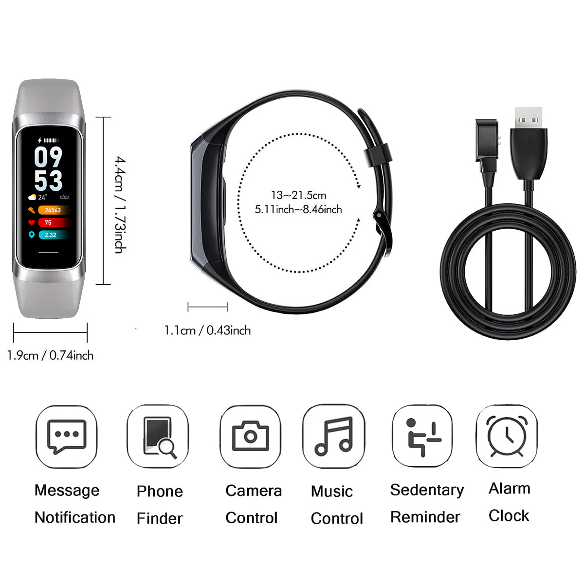 Ein Fitnesstracker und seine Komponenten werden gezeigt, einschließlich Haupteinheit, Armband, Ladekabel und Funktionssymbole.